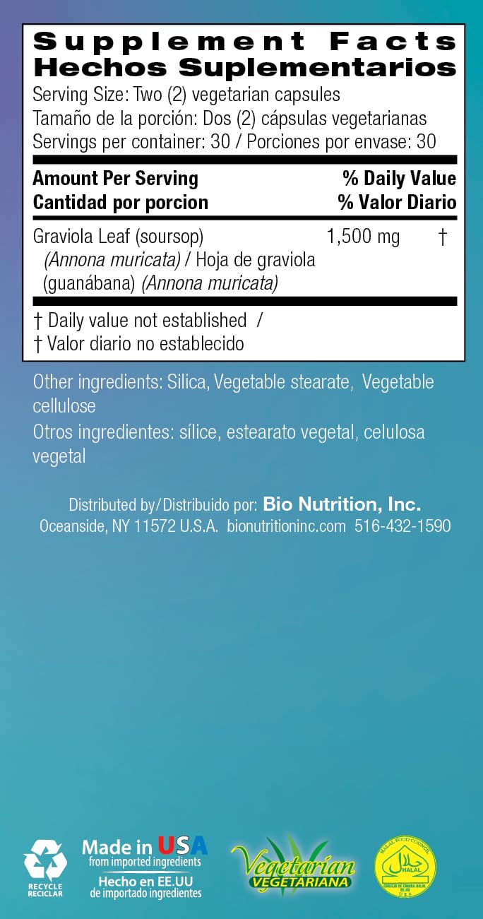 Bio Nutrition Graviola Soursop 60 Vegetarian Capsules packaging details