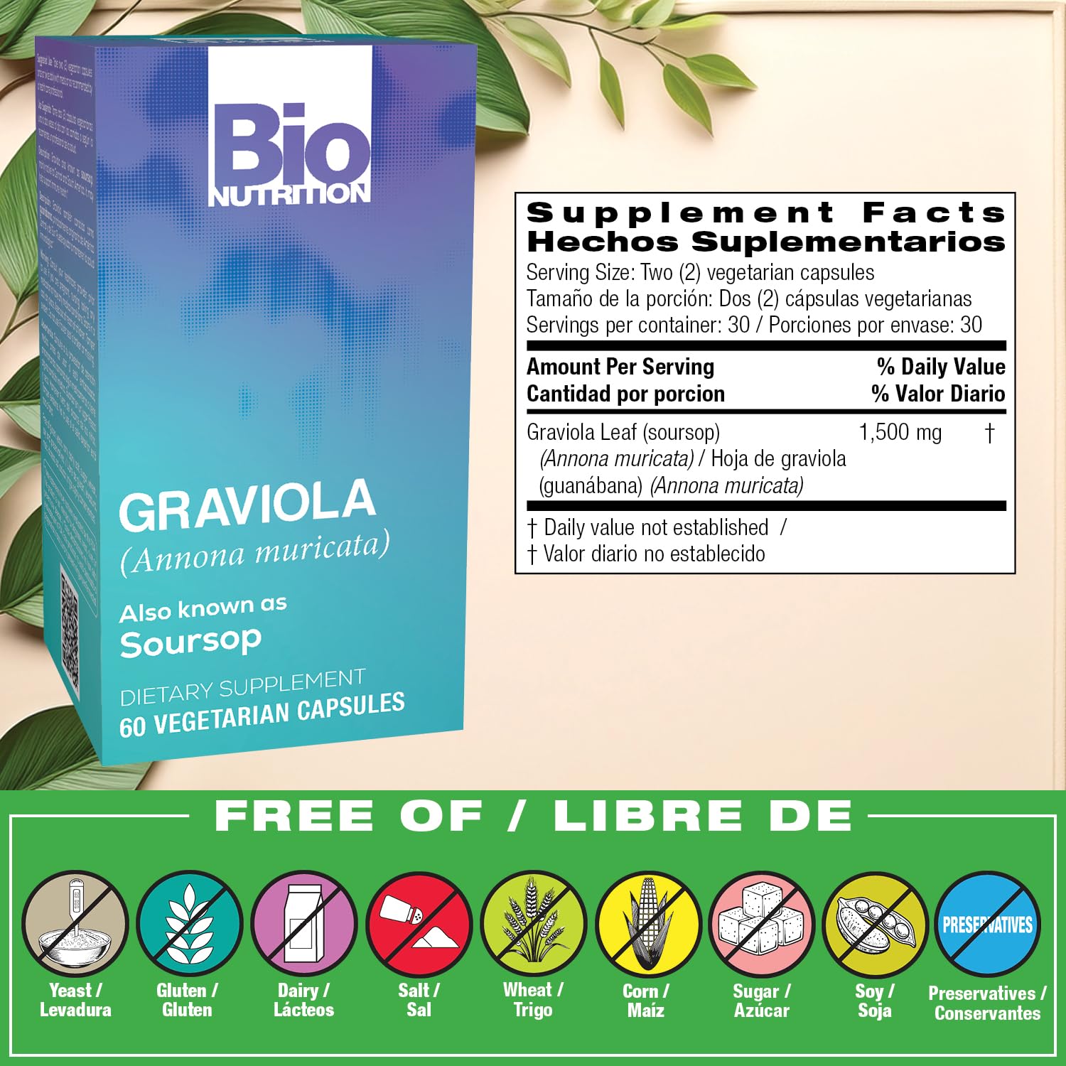 Bio Nutrition Graviola Soursop 60 Vegetarian Capsules side view
