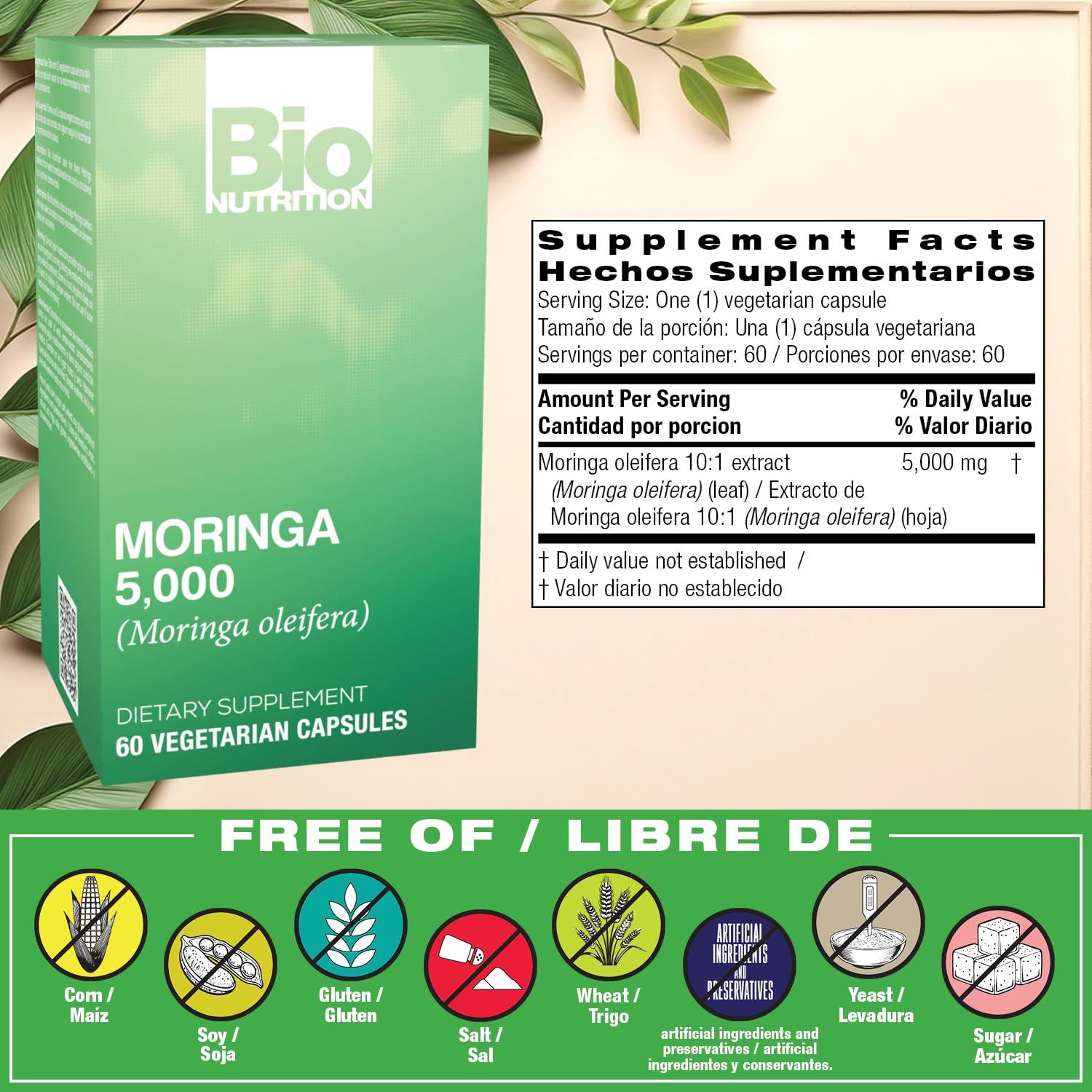 Bio Nutrition Moringa 5000mg 60 Vegetarian Capsules side view