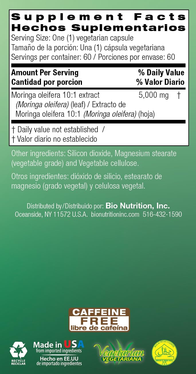 Bio Nutrition Moringa 5000mg 60 Vegetarian Capsules with green leaves