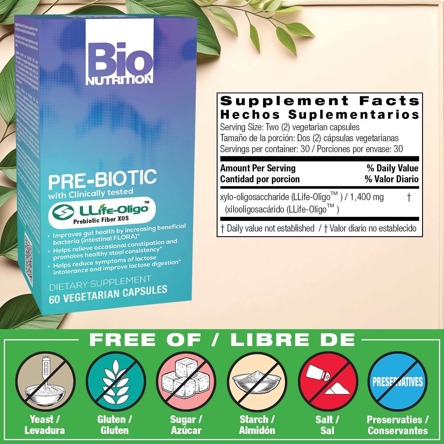 Bio Nutrition Prebiotic Fiber Capsules side view showing capsule details
