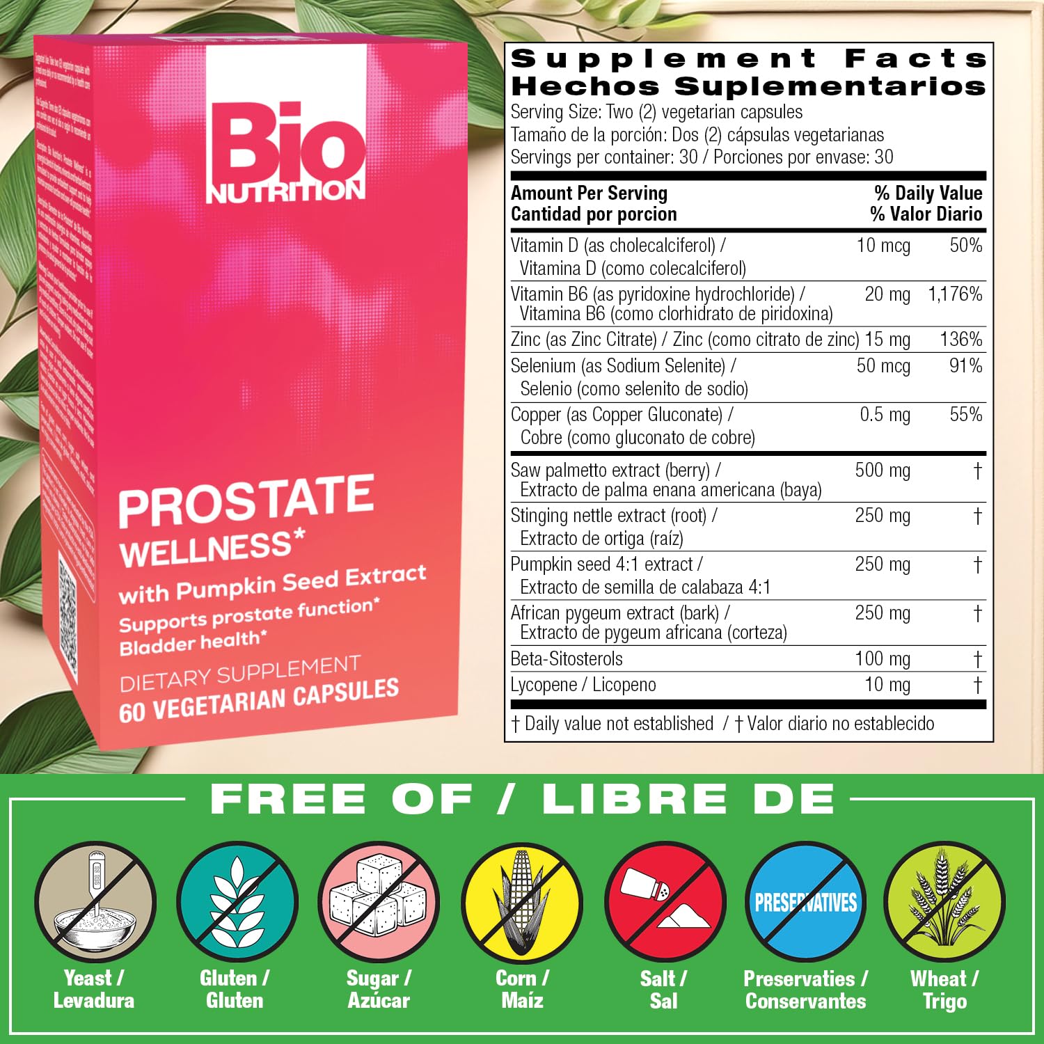 Bio Nutrition Prostate Wellness Vegi-Caps side view showing ingredients