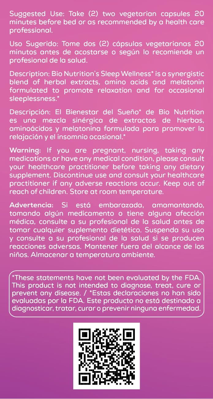 Bio Nutrition Sleep Wellness ingredients list on the back of the bottle
