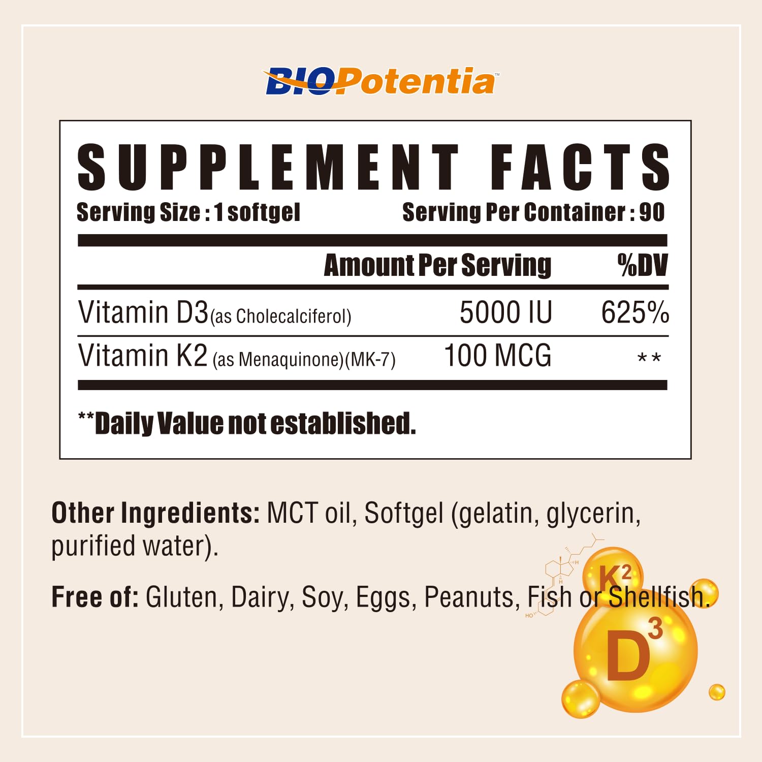 BIO POTENTIA Vitamin D3 + K2 Softgels bottle with label