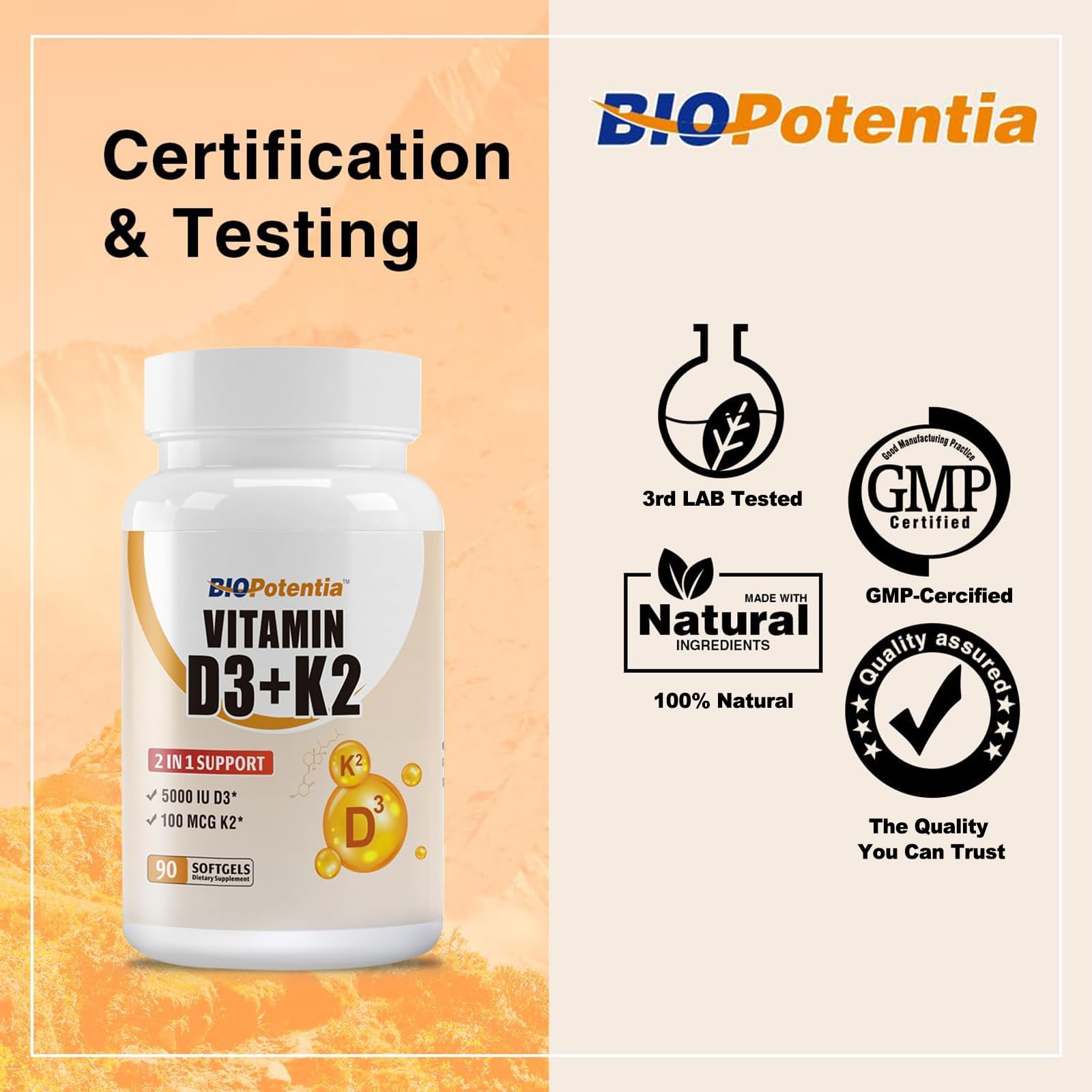 BIO POTENTIA Vitamin D3 + K2 Softgels on a wooden table