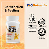 BIO POTENTIA Vitamin D3 + K2 Softgels on a wooden table