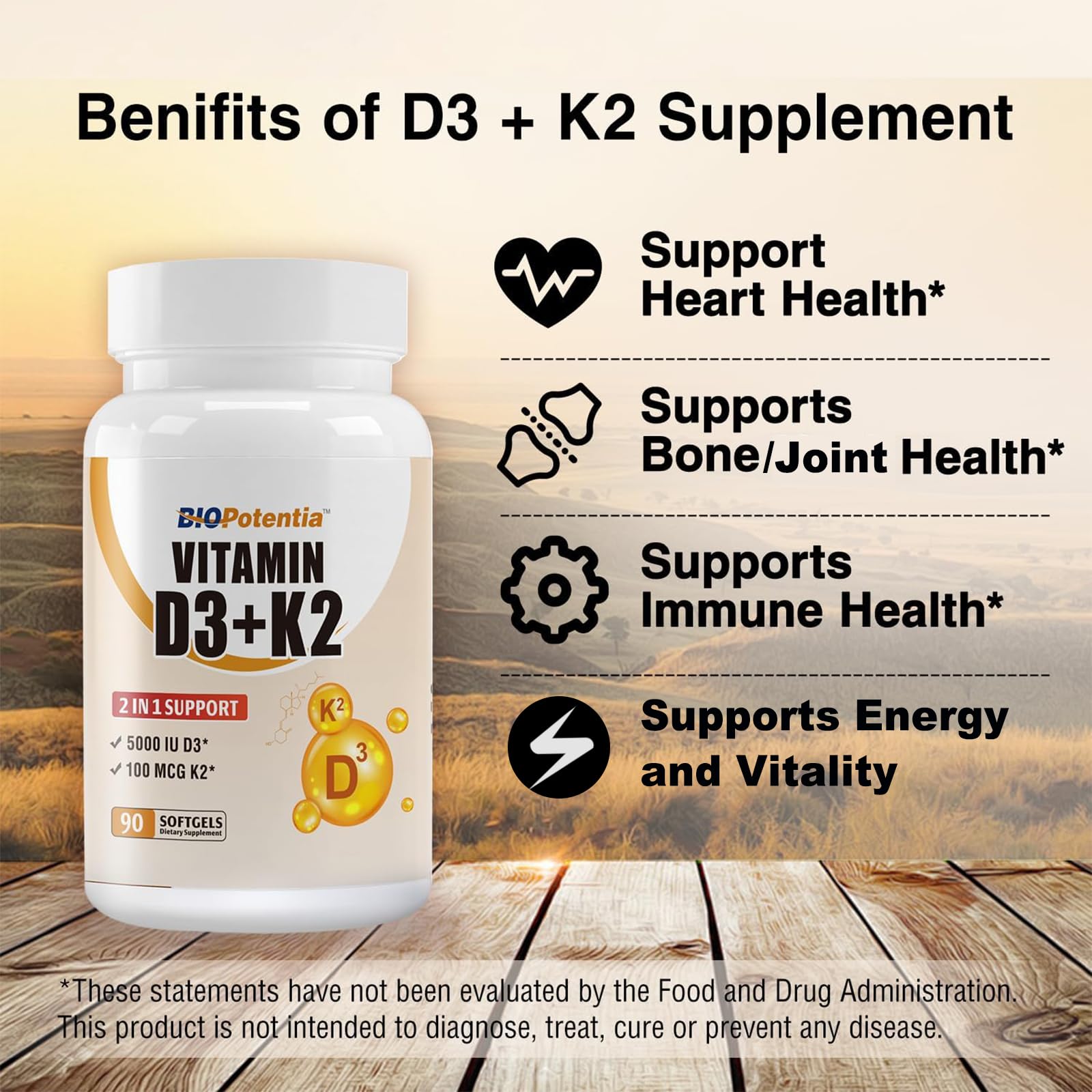 BIO POTENTIA Vitamin D3 + K2 Softgels side view