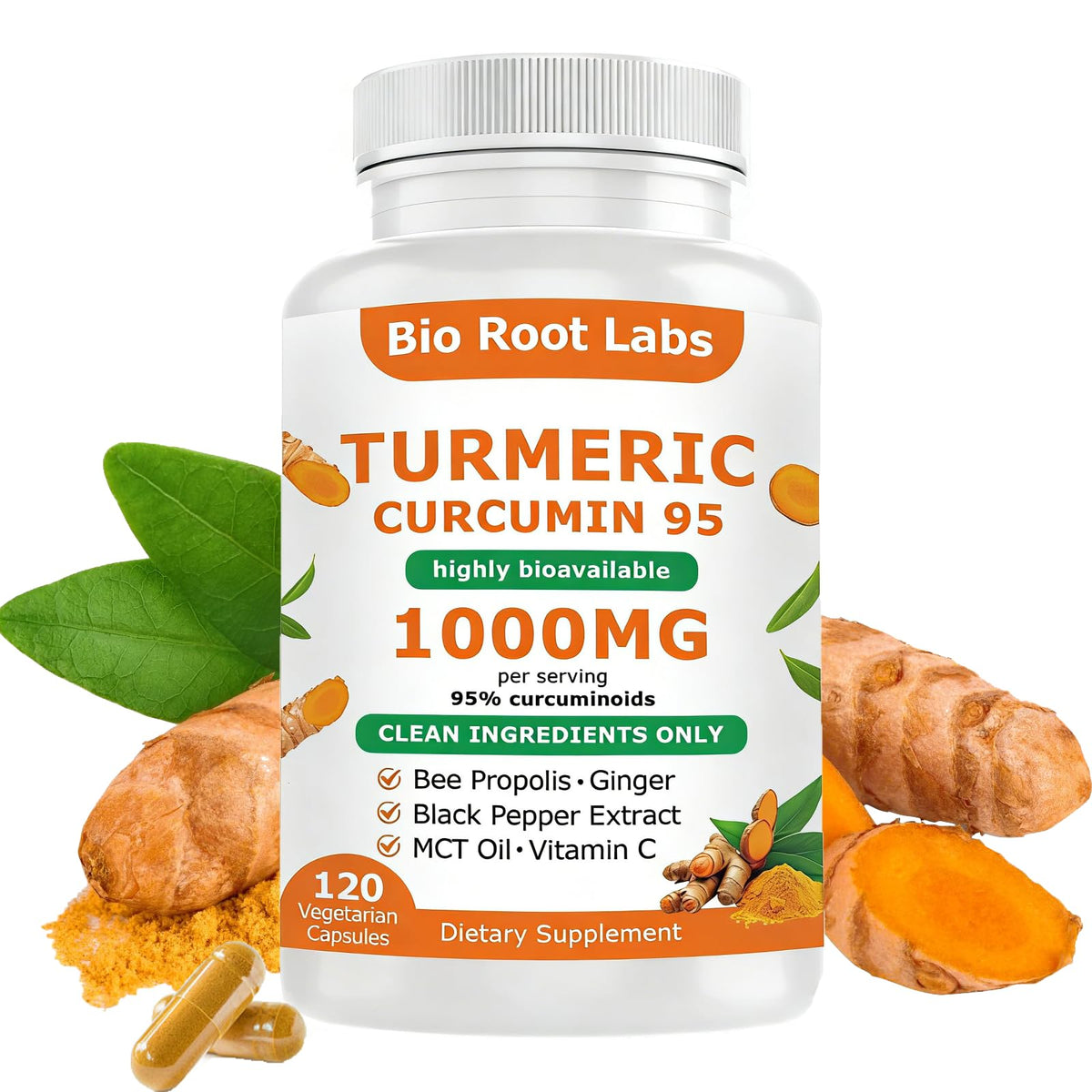 Bio Root Labs Turmeric Curcumin Supplement 120 Capsules front view