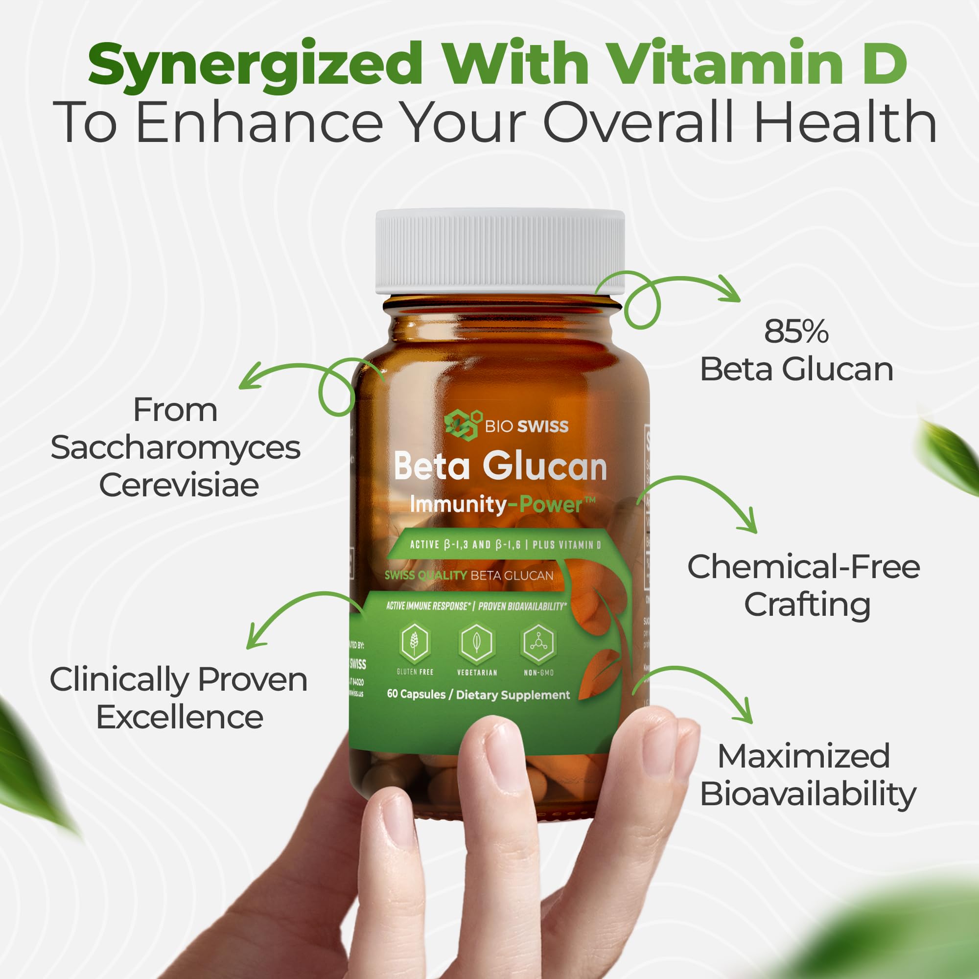 Bio Schwiiz Beta Glucan Supplement with Vitamin D on a wooden table