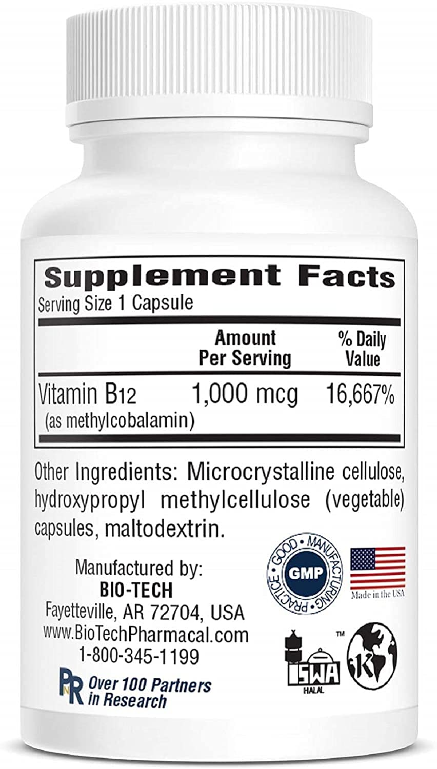 Bio-Tech Pharmacal B12-Methyl 1000 mcg capsule on a wooden table