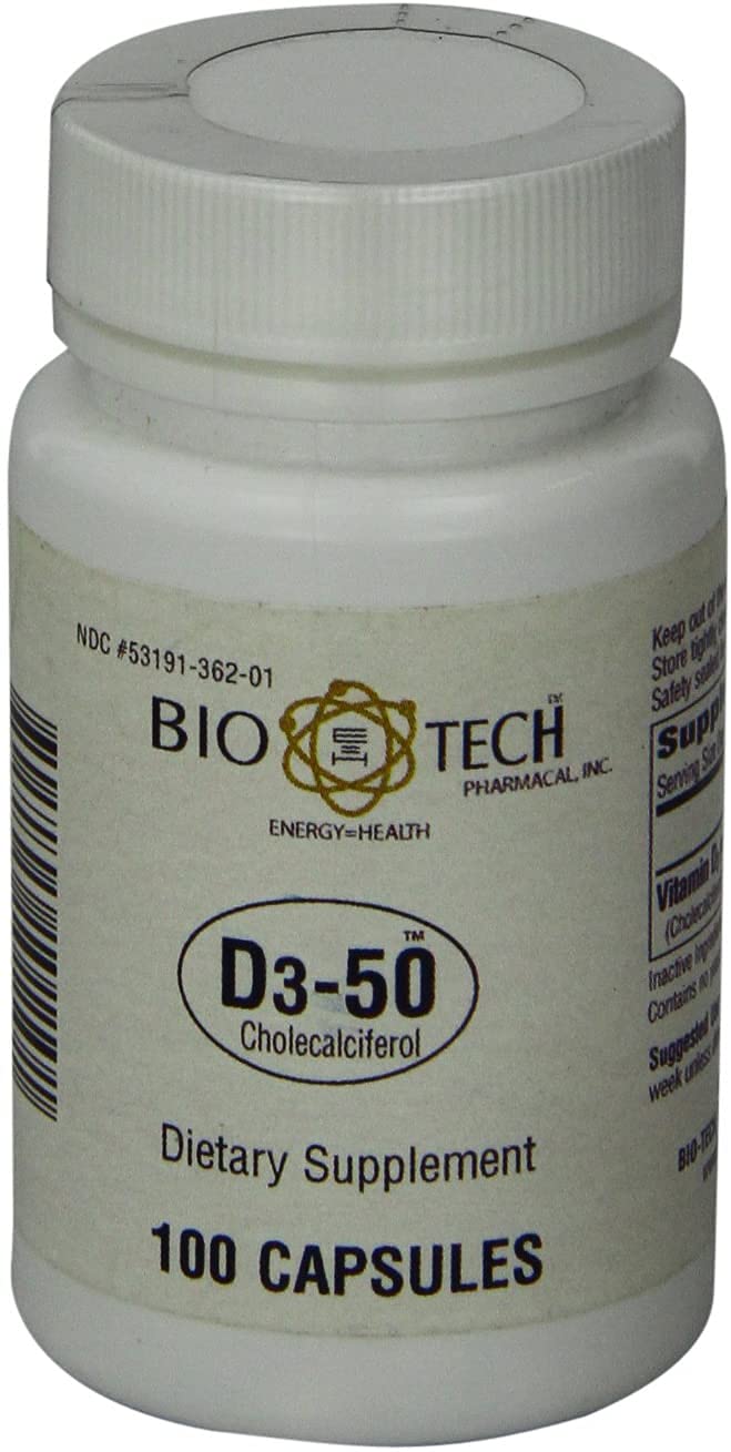 Bio-Tech Pharmacal D3-50 50,000 IU Vitamin D supplement bottle with label