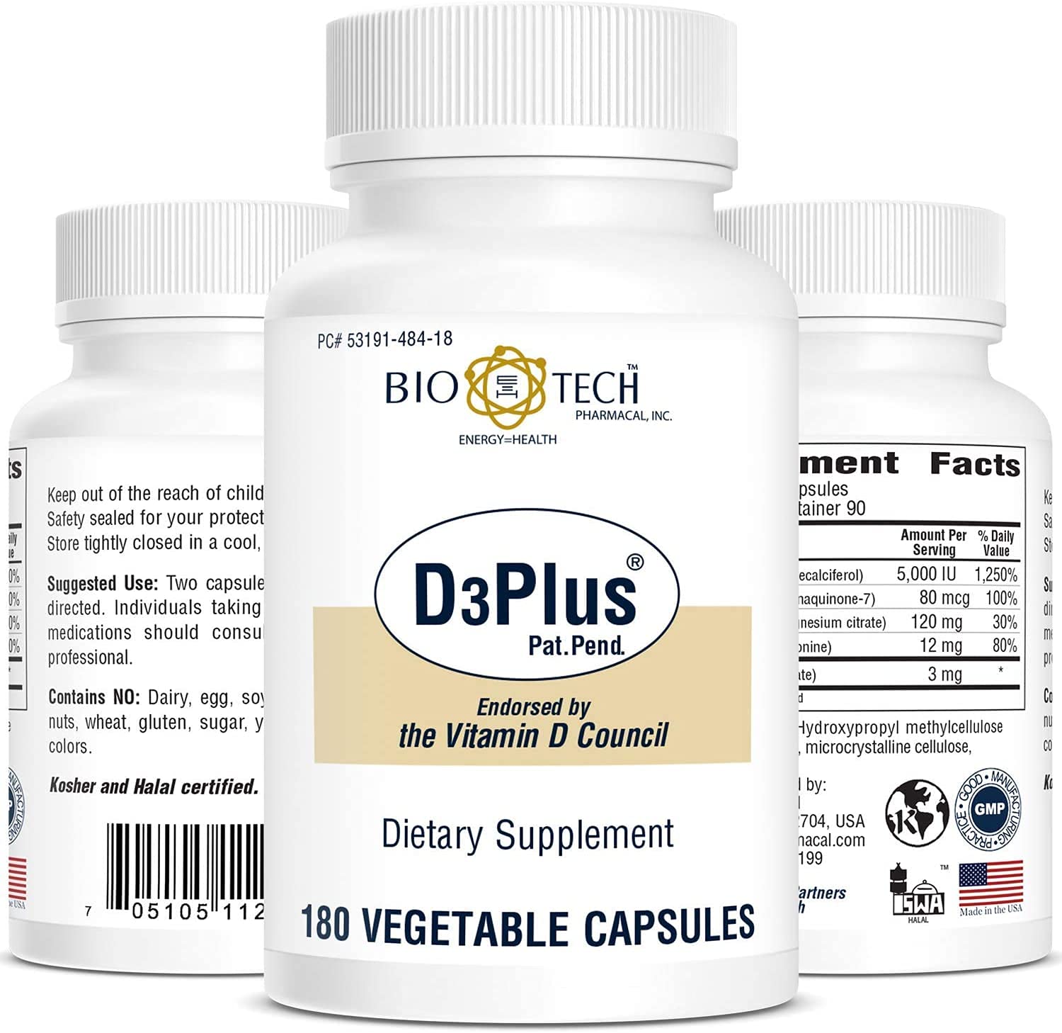 Bio-Tech Pharmacal D3Plus Vitamin D3 5000 IU supplement side view
