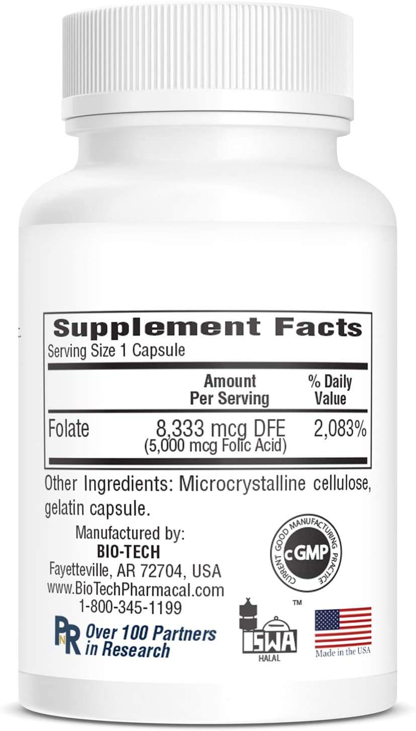Bio-Tech Pharmacal Folic Acid 100 Capsules opened bottle with capsules