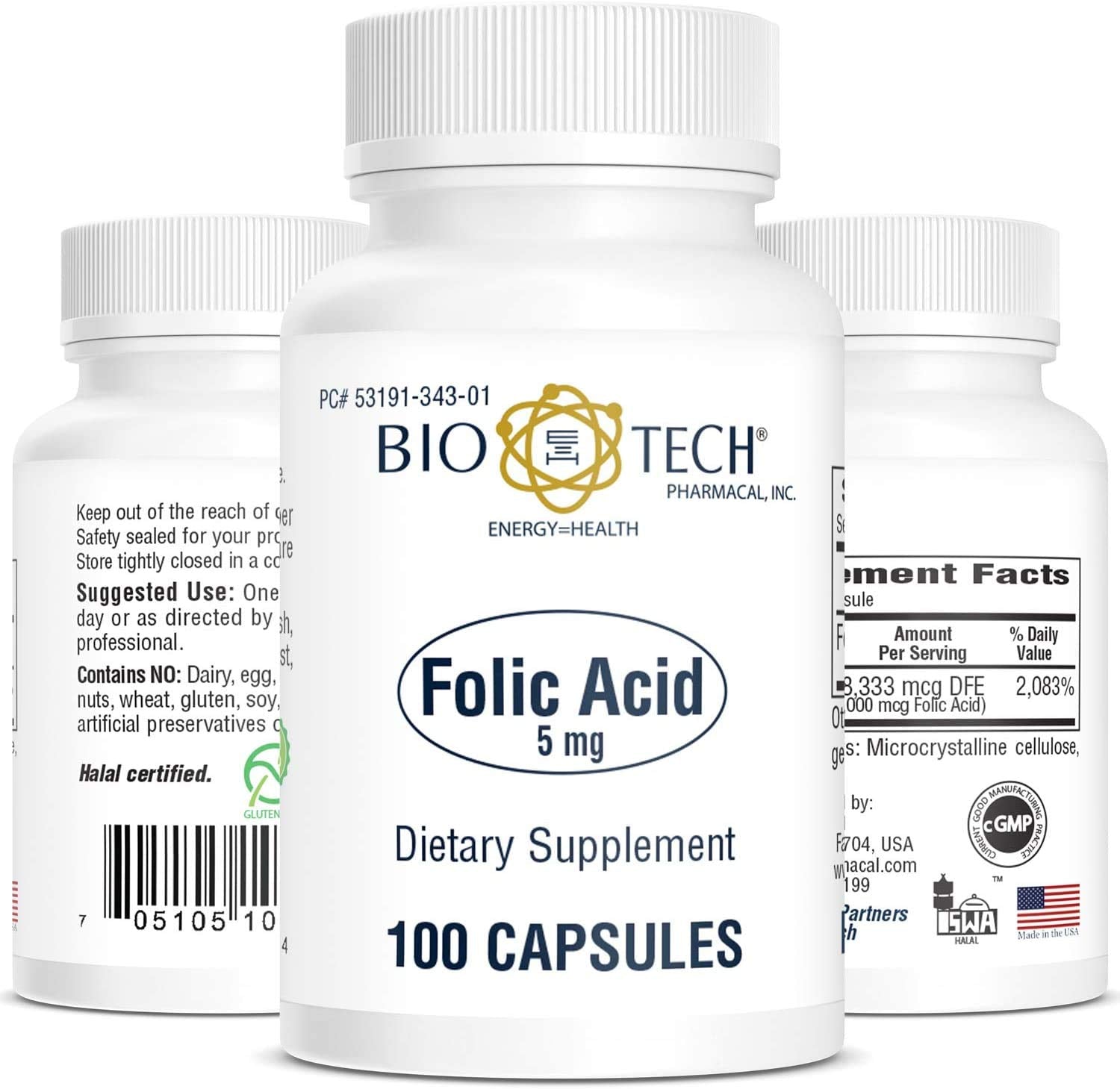 Bio-Tech Pharmacal Folic Acid 100 Capsules side view