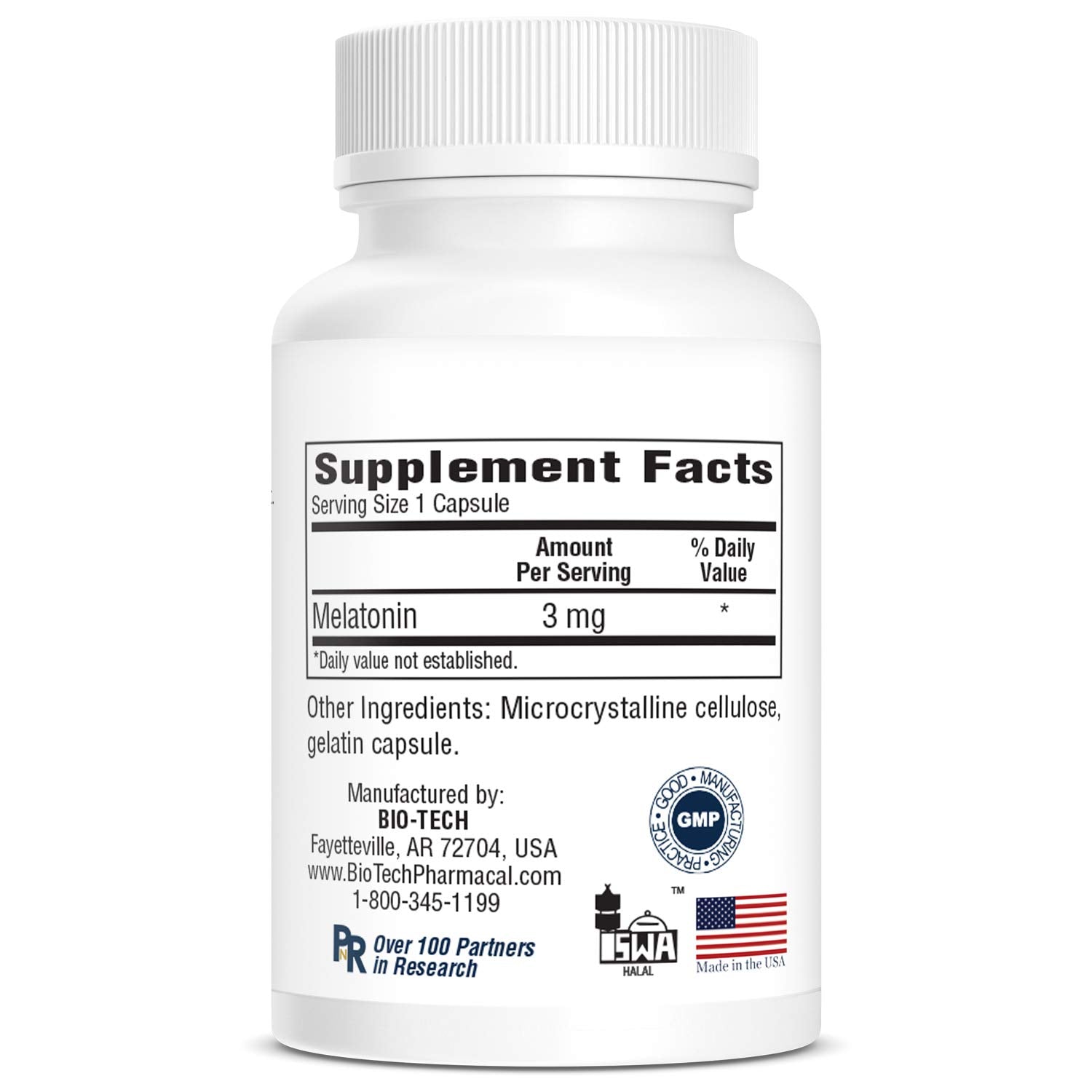 Bio-Tech Pharmacal Melatonin 3mg capsules on a wooden surface