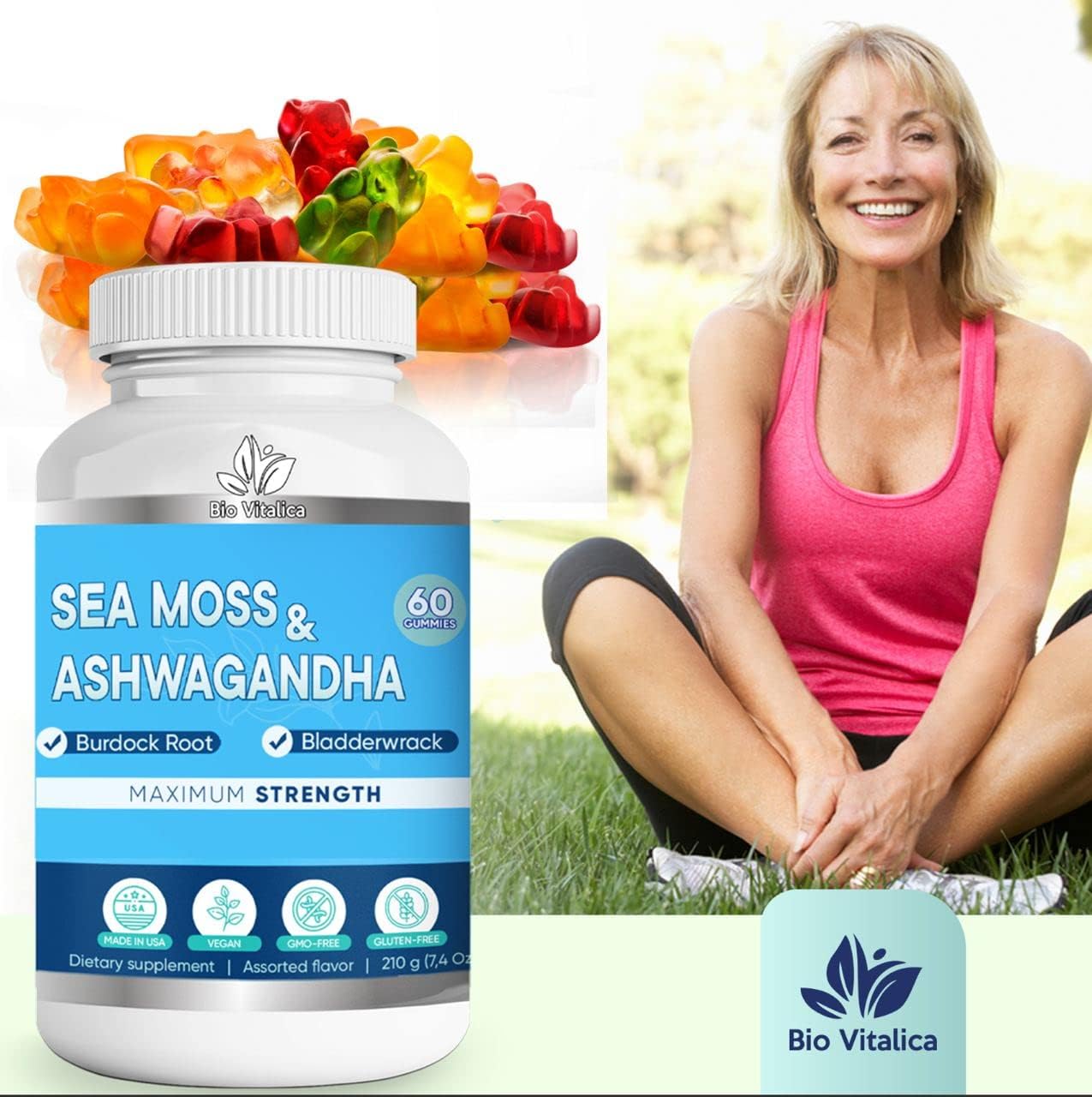 BIO VITALICA Sea Moss & Ashwagandha Gummies on a wooden table