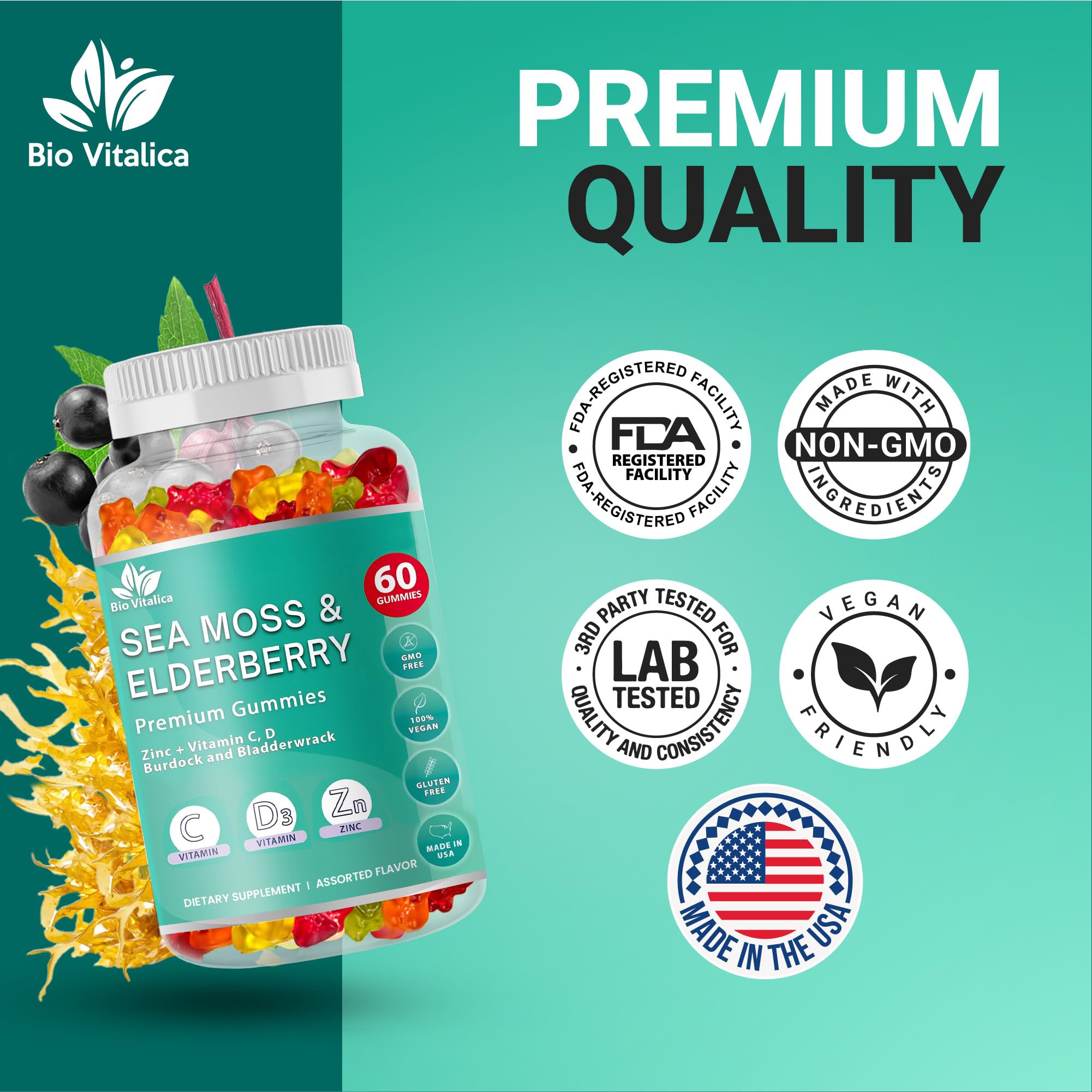 BIO VITALICA Sea Moss & Elderberry Gummies with fruits