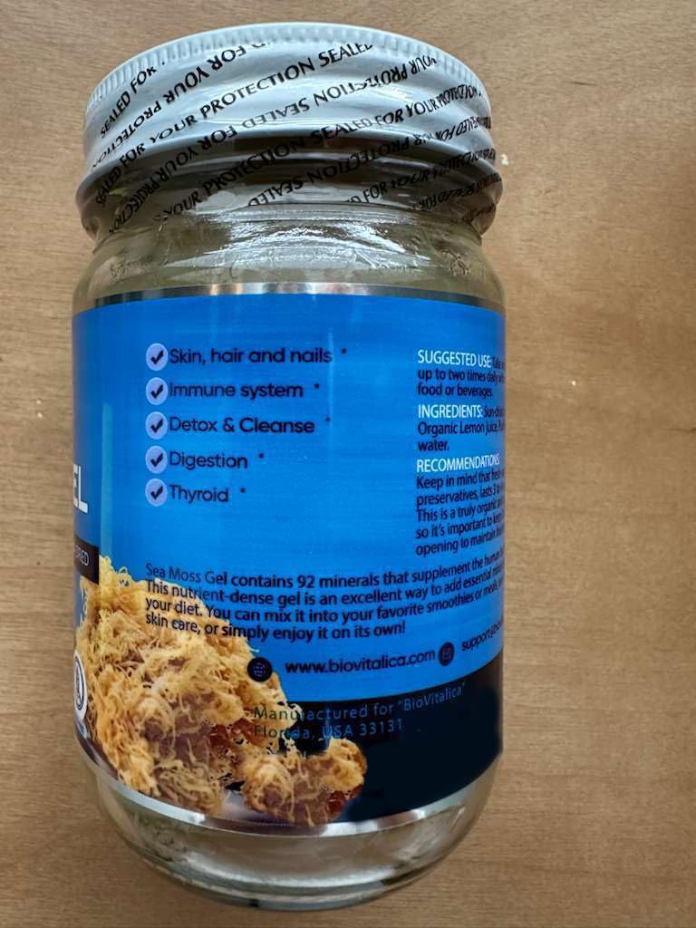 BIO VITALICA Sea Moss Gel 340g side view showing texture