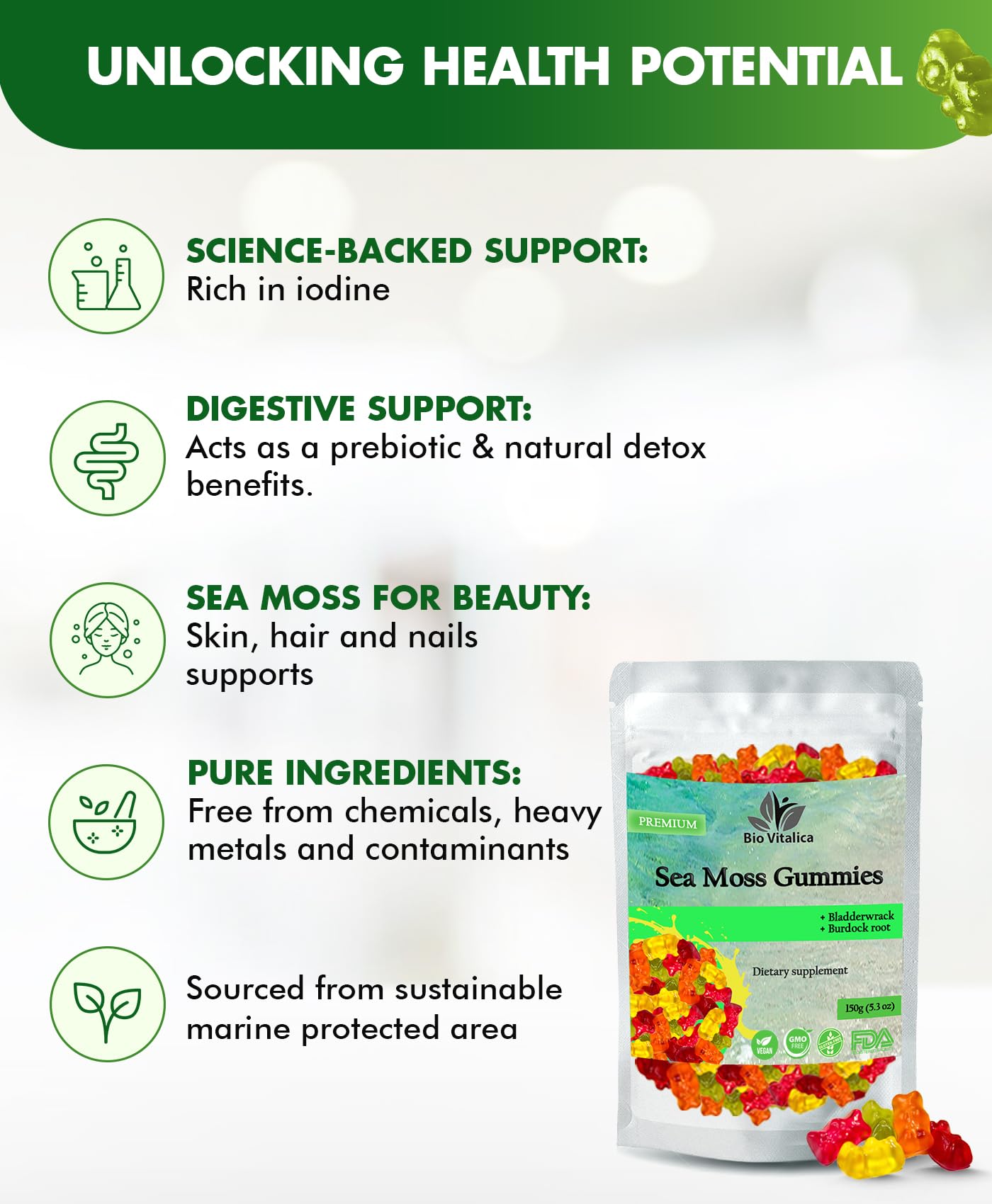 BIO VITALICA Sea Moss Gummies Blue Raspberry flavour close-up