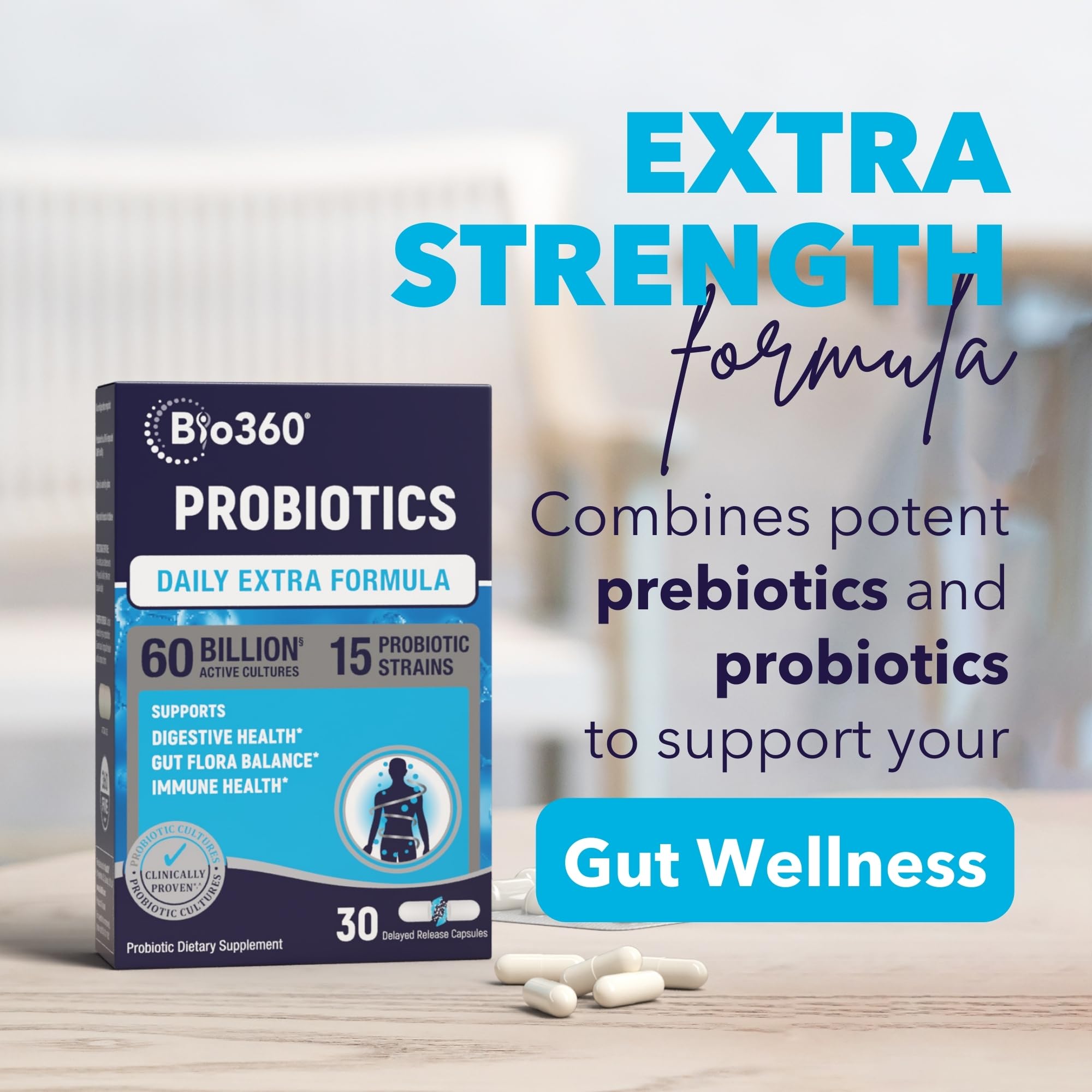 Bio360 Probiotic Capsules on a wooden surface
