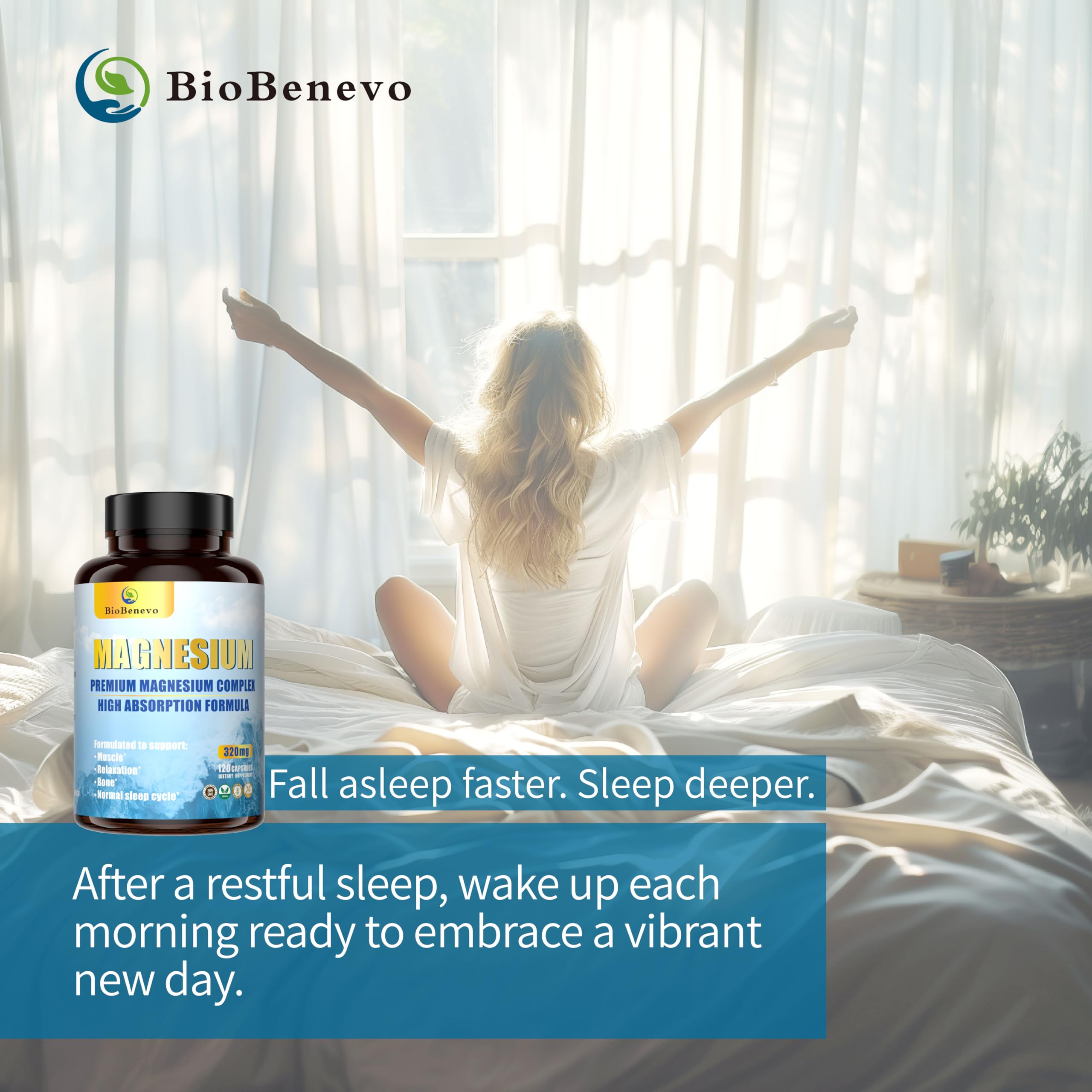 BioBenevo Magnesium Complex 320mg capsules on a wooden table
