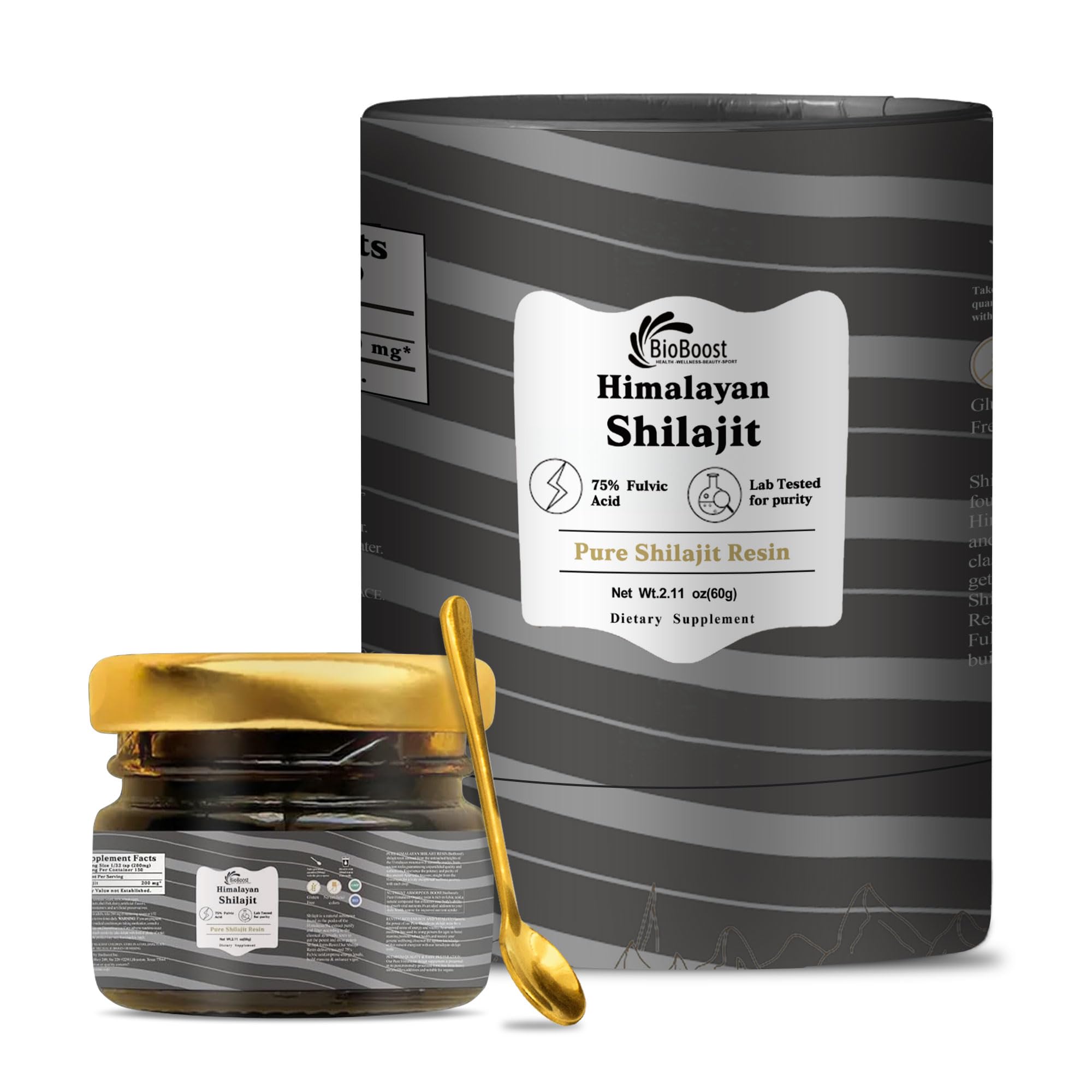 BioBoost Shilajit Resin 60g front view in glass jar