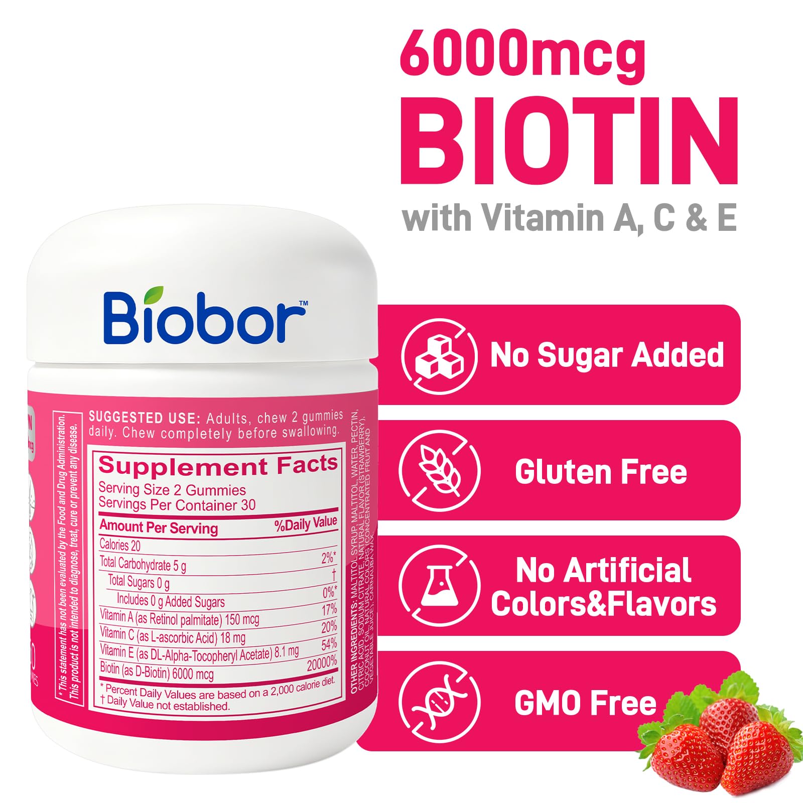 Biobor Biotin Gummies strawberry flavour gummies close-up