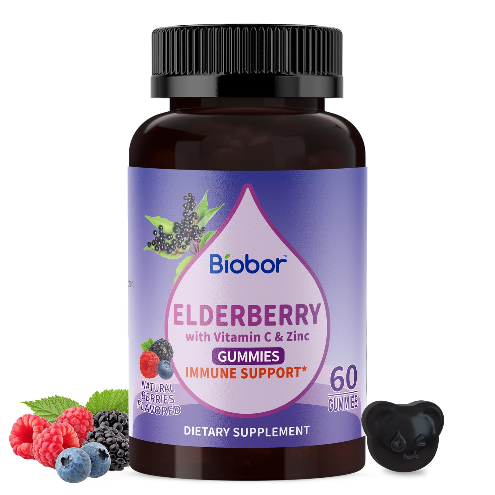 Biobor Elderberry Gummies 180g front view with mixed berry flavour