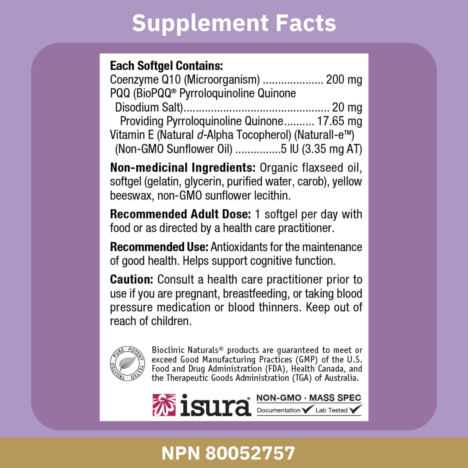 Bioclinic Naturals CerebroVital PQQ-10 ingredients list