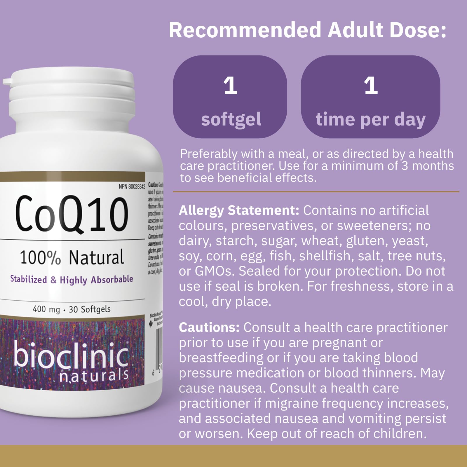 Bioclinic Naturals CoQ10 Soft Gels side view showing gel count