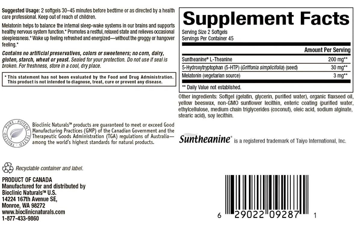 Bioclinic Naturals Somno-Pro softgel bottle with ingredients list