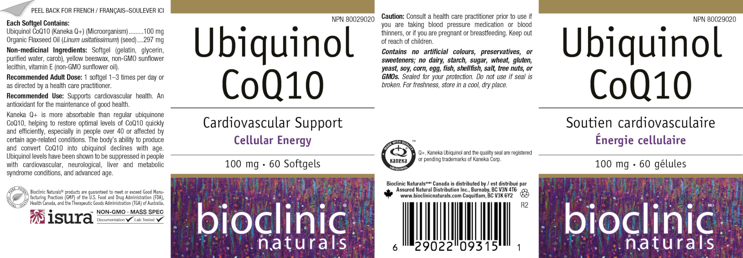 Bioclinic Naturals Ubiquinol CoQ10 100mg supplement ingredient listing