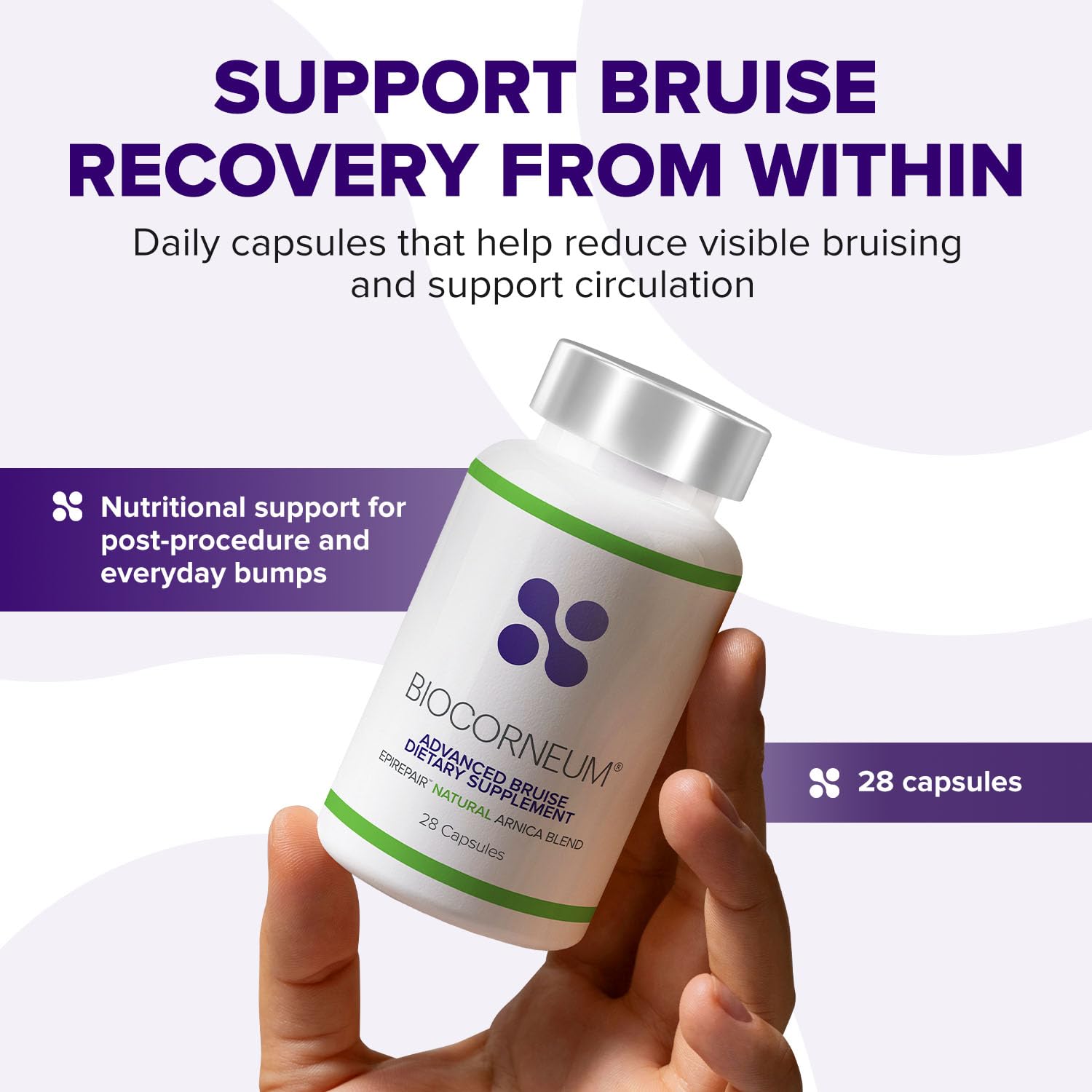 BIOCORNEUM Bruise Support Supplement capsules in hand