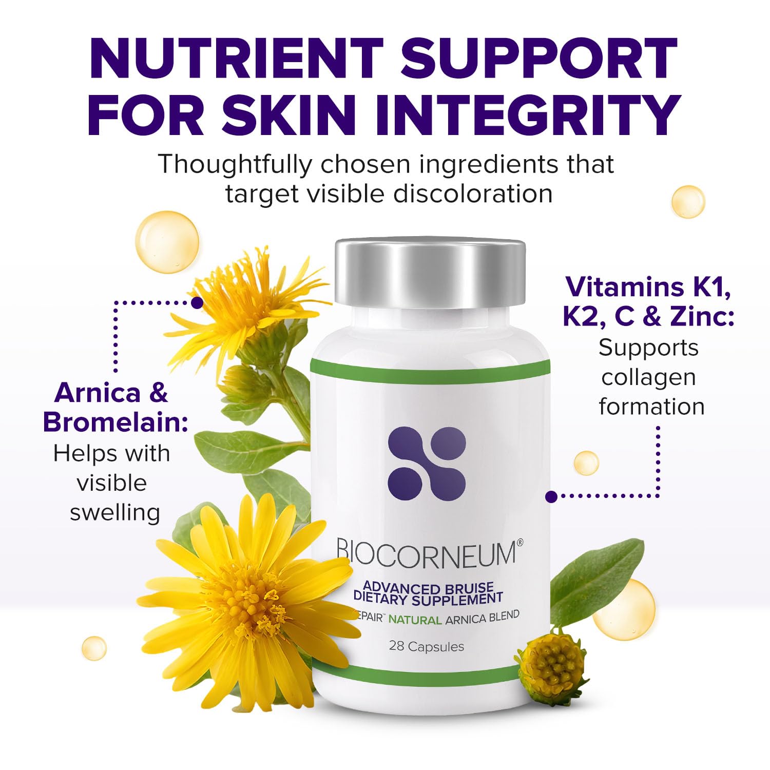 BIOCORNEUM Bruise Support Supplement capsules on a table