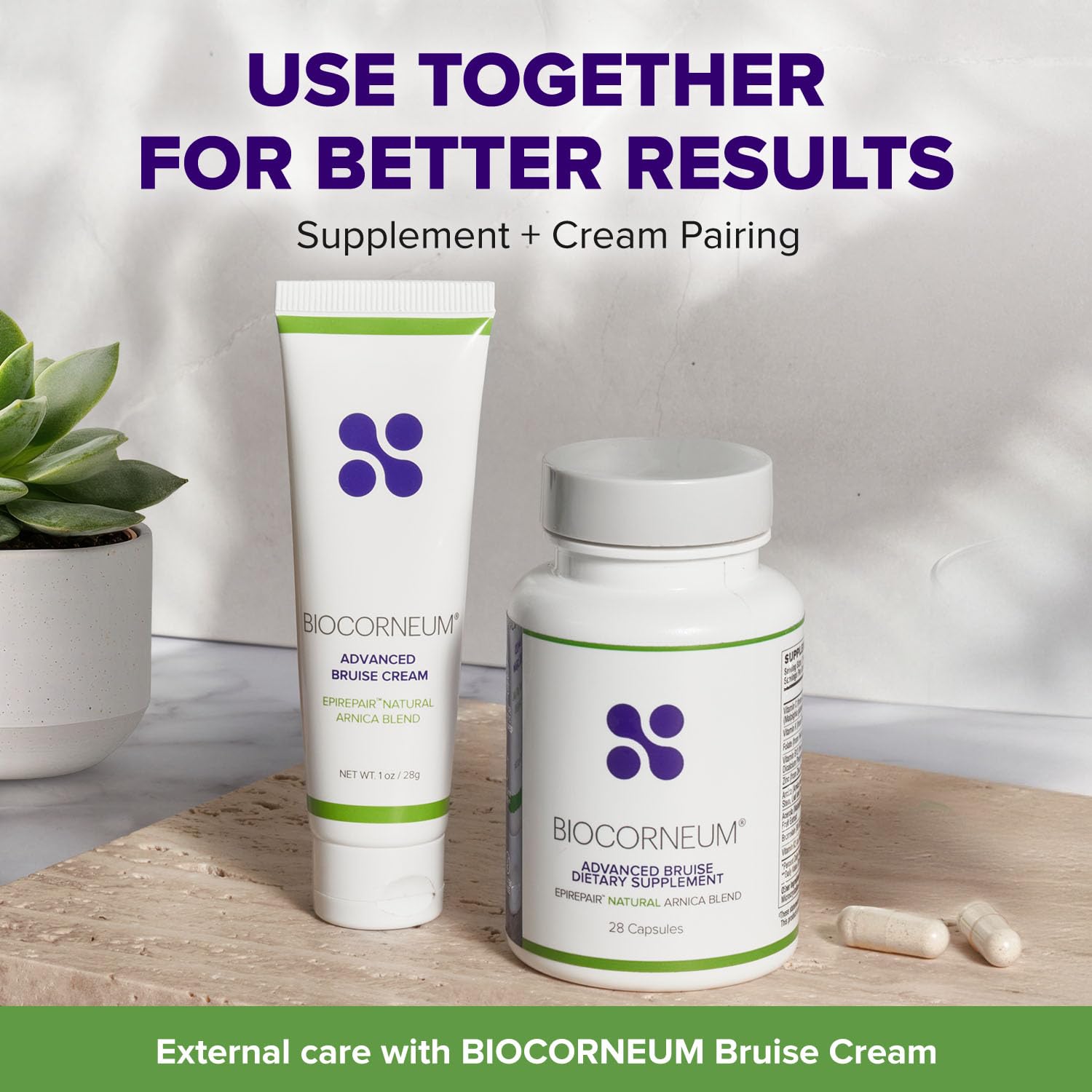 BIOCORNEUM Bruise Support Supplement with a lifestyle background
