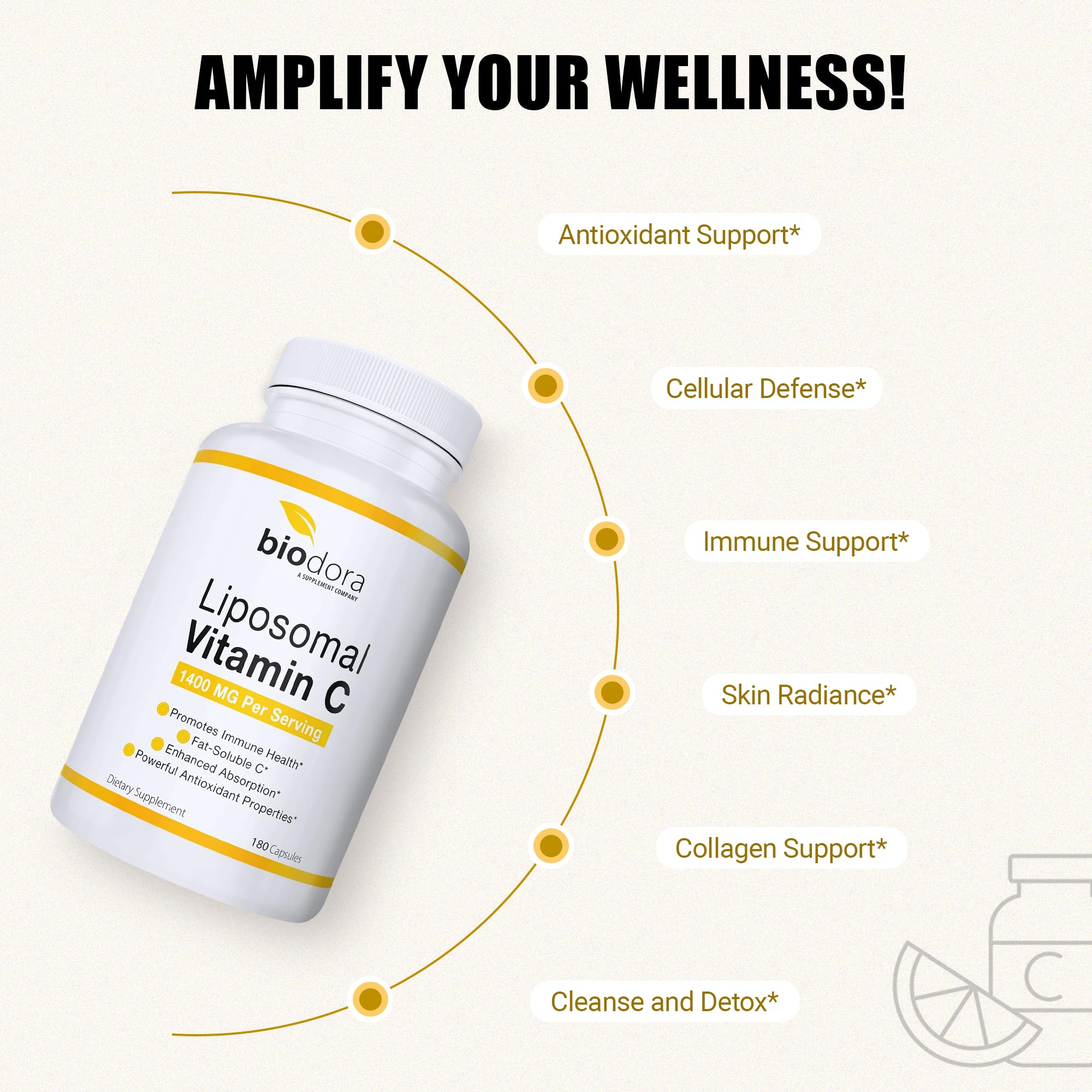 Biodora Liposomal Vitamin C Supplement on a wooden table