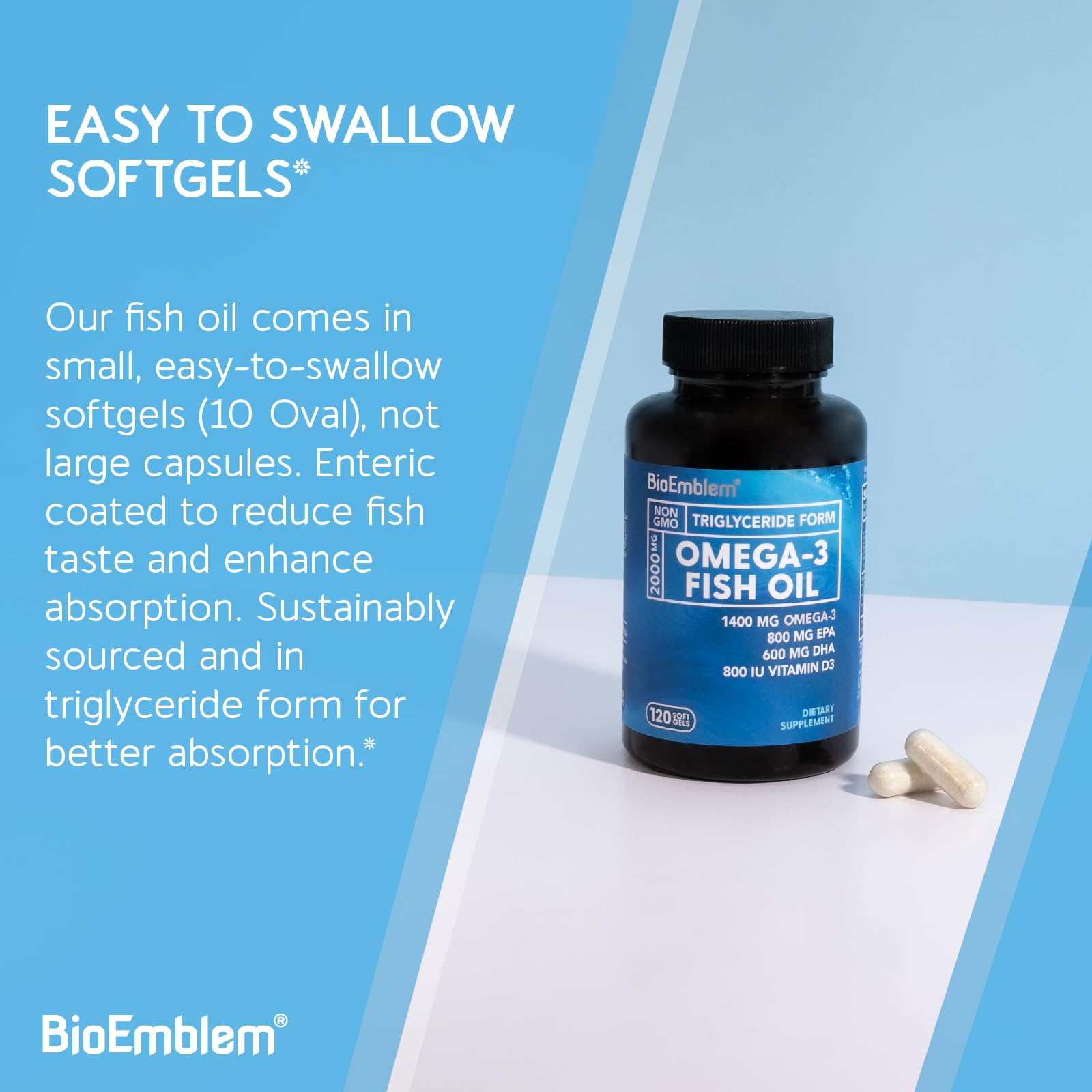 BioEmblem Fish Oil Softgels displayed on a wooden table