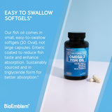 BioEmblem Fish Oil Softgels displayed on a wooden table