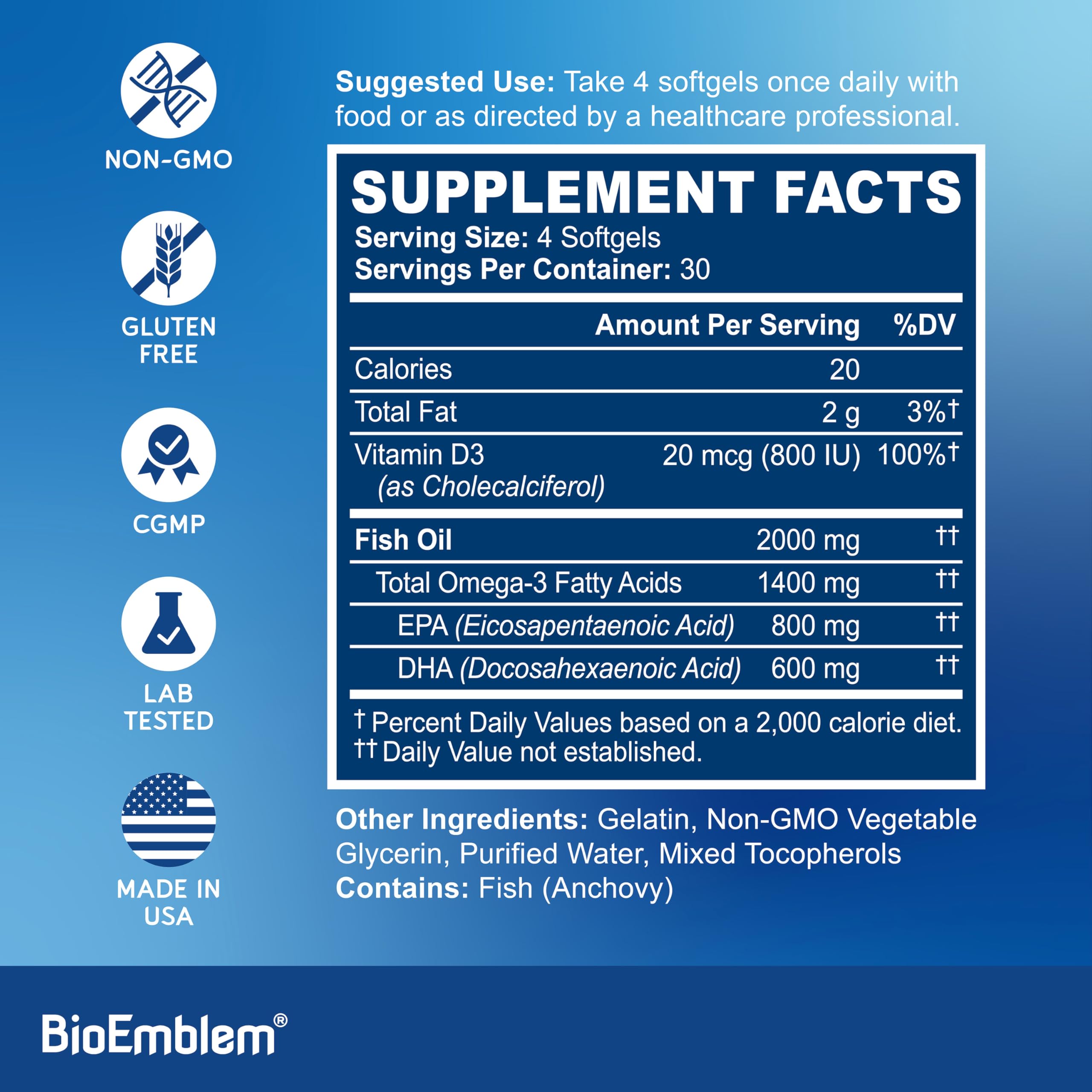 BioEmblem Fish Oil Softgels showing small oval size