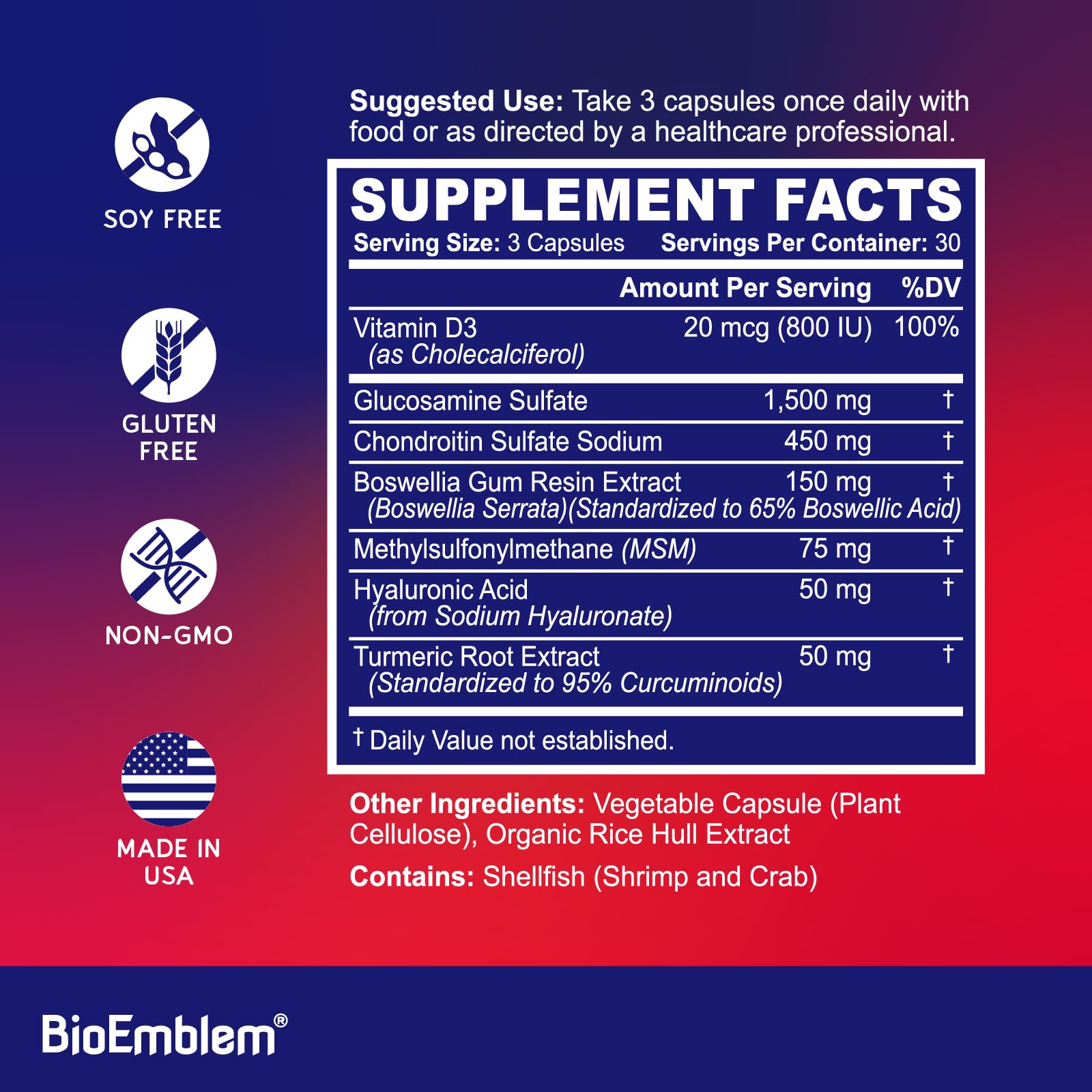 BioEmblem Joint Support Supplement capsules on a wooden table