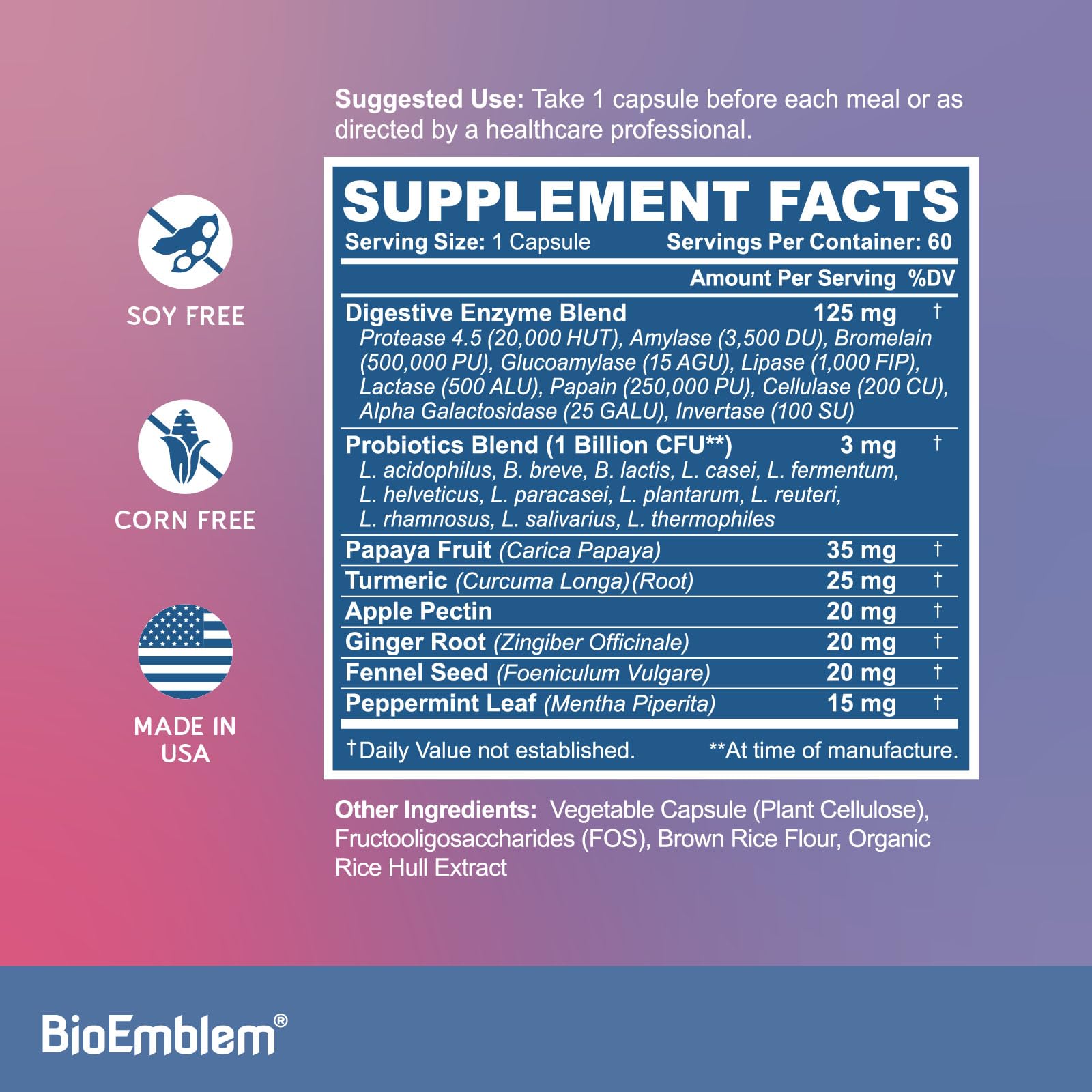 BioEmblem Multi-Enzyme Supplement 125mg 60 Capsules side view