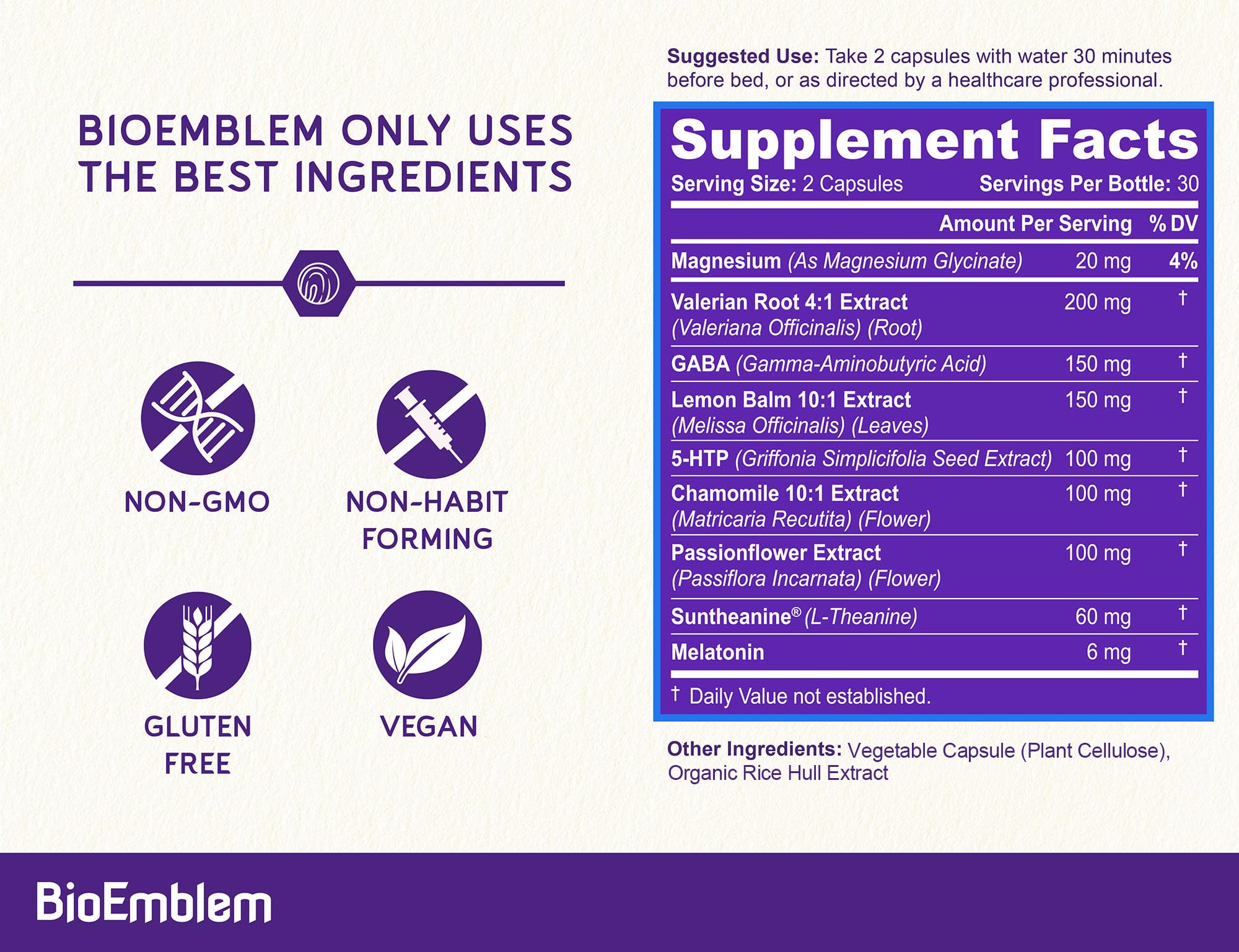 BioEmblem Natural Sleep Aid 60 Capsules back view