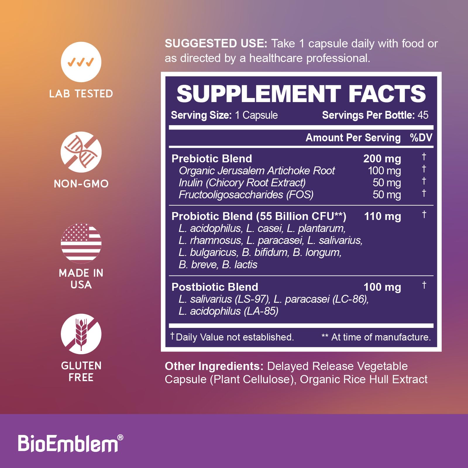 BioEmblem Probiotic Supplement capsule with a white background