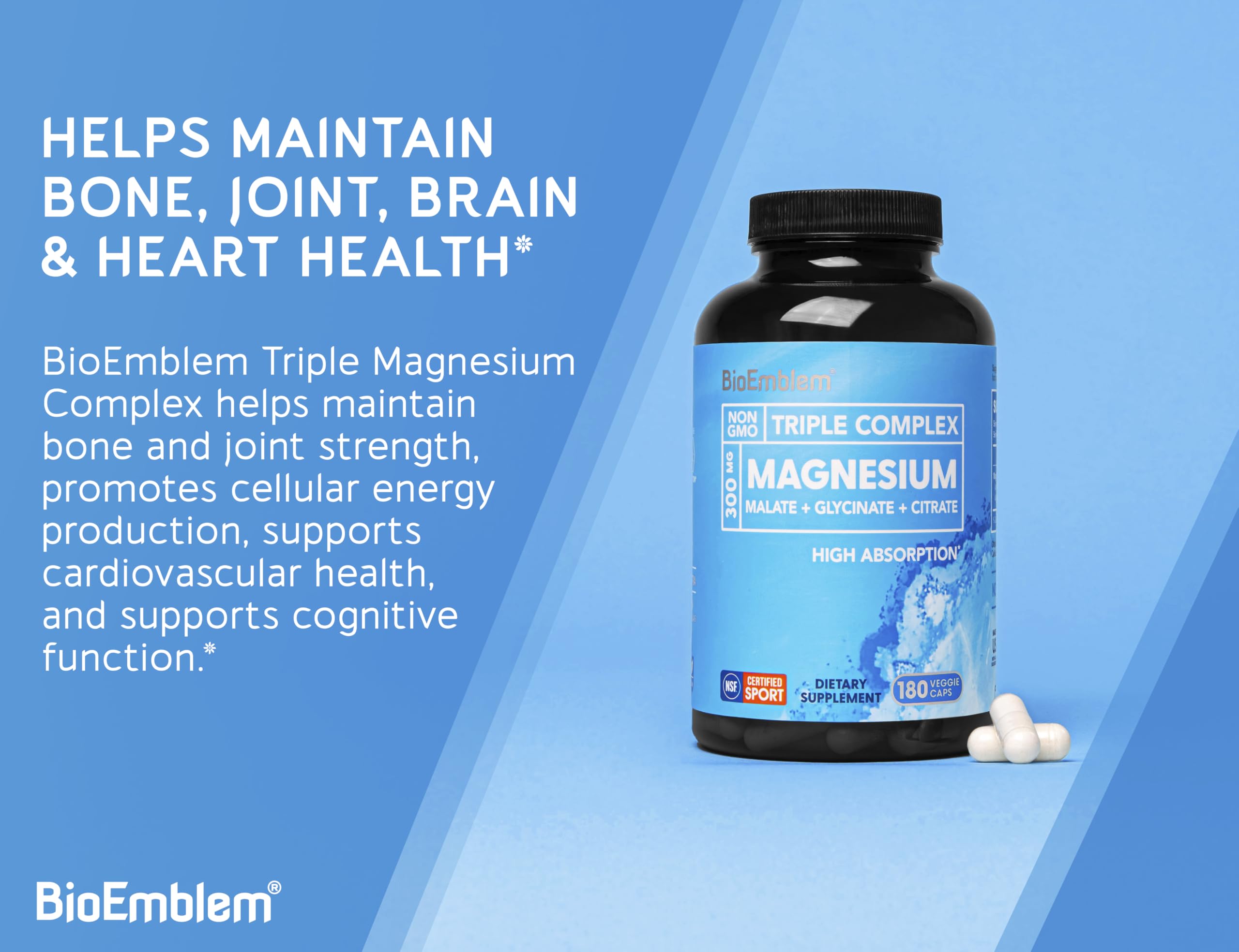 BioEmblem Triple Magnesium Complex 300mg bottle with measuring spoon