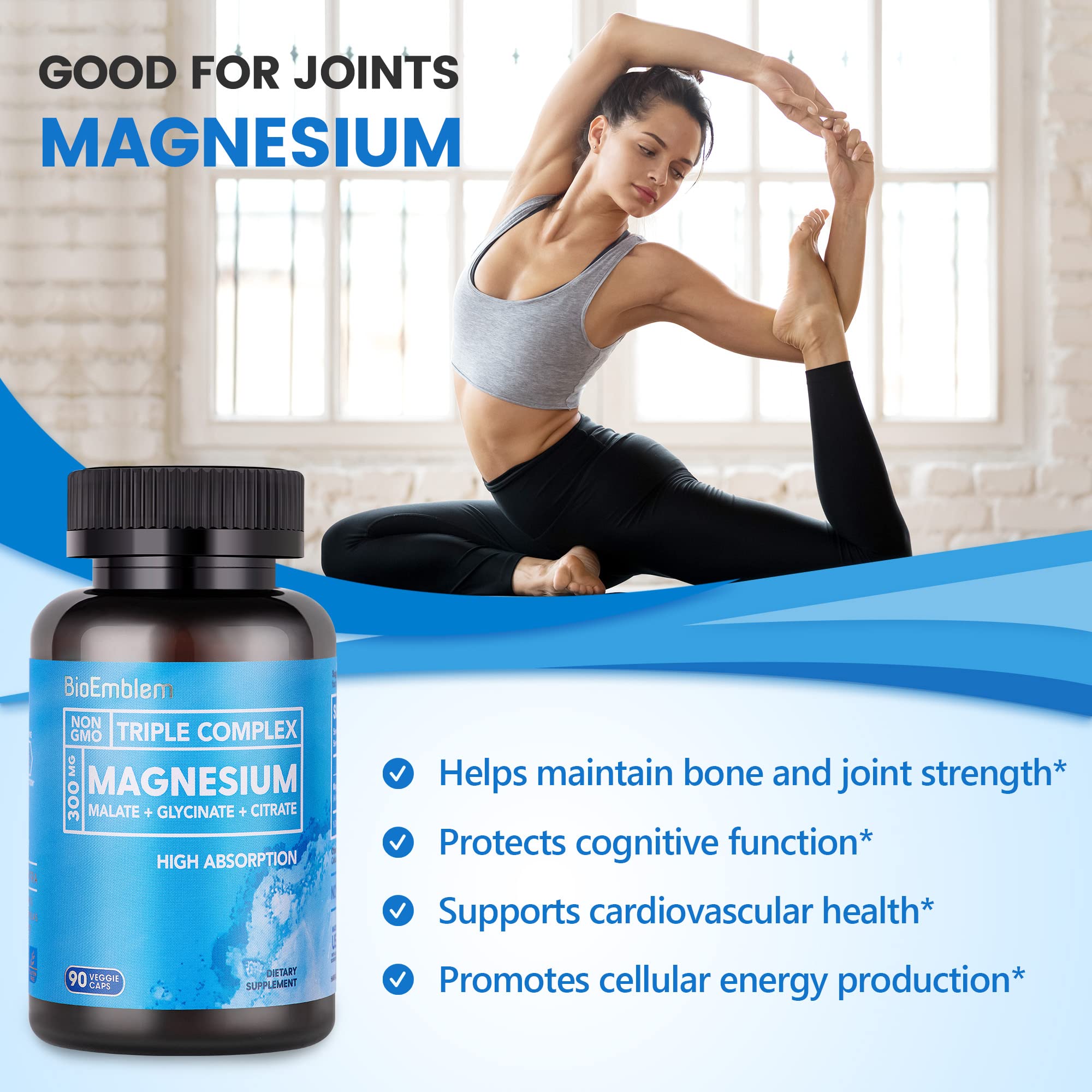 BioEmblem Triple Magnesium Complex 300mg lifestyle scene with supplement bottle