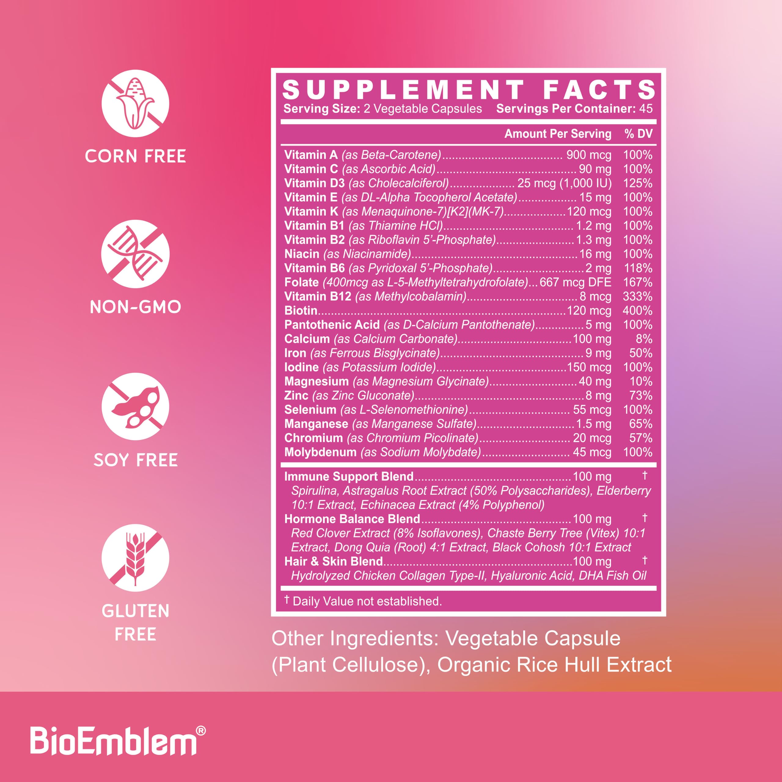 BioEmblem Women's Multivitamin capsules on a wooden table