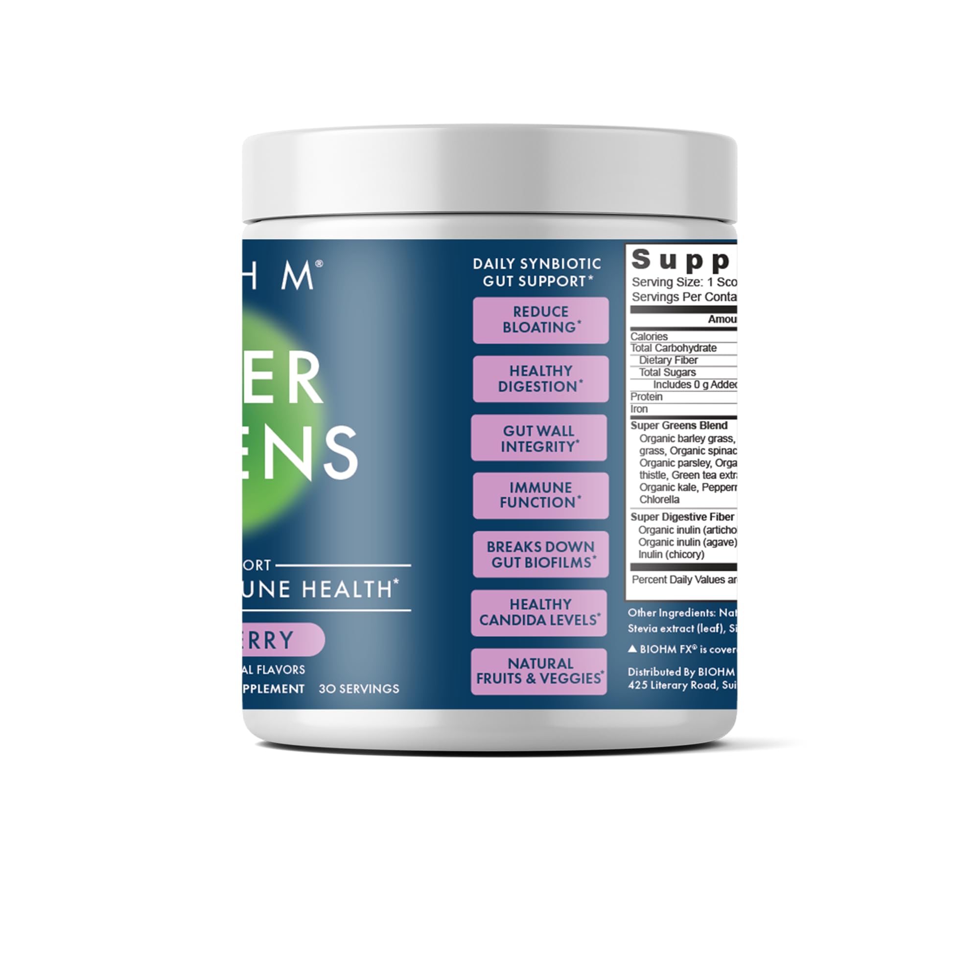 BIOHM Super Greens Powder mixed in a glass of water