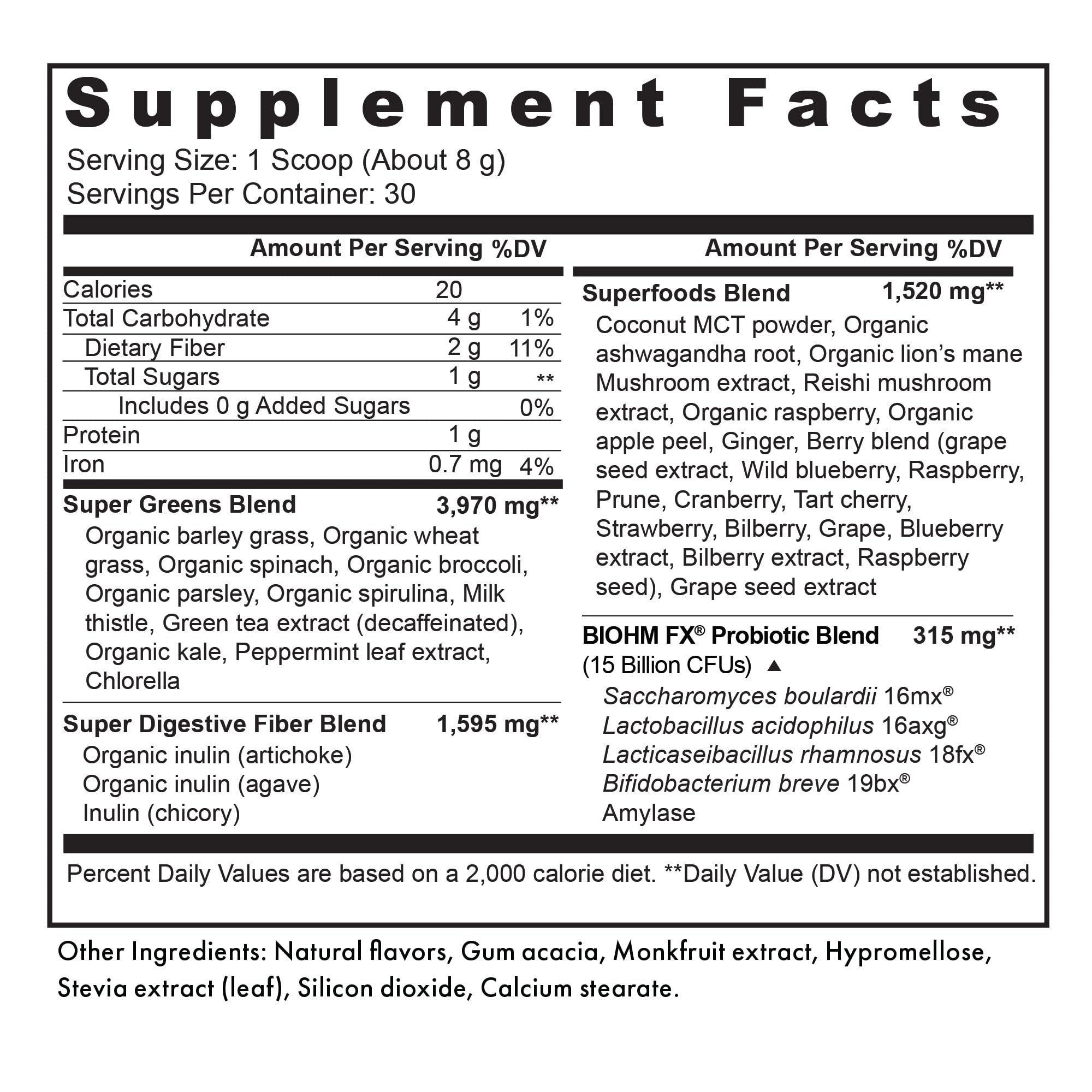 BIOHM Super Greens Powder scoop next to the container