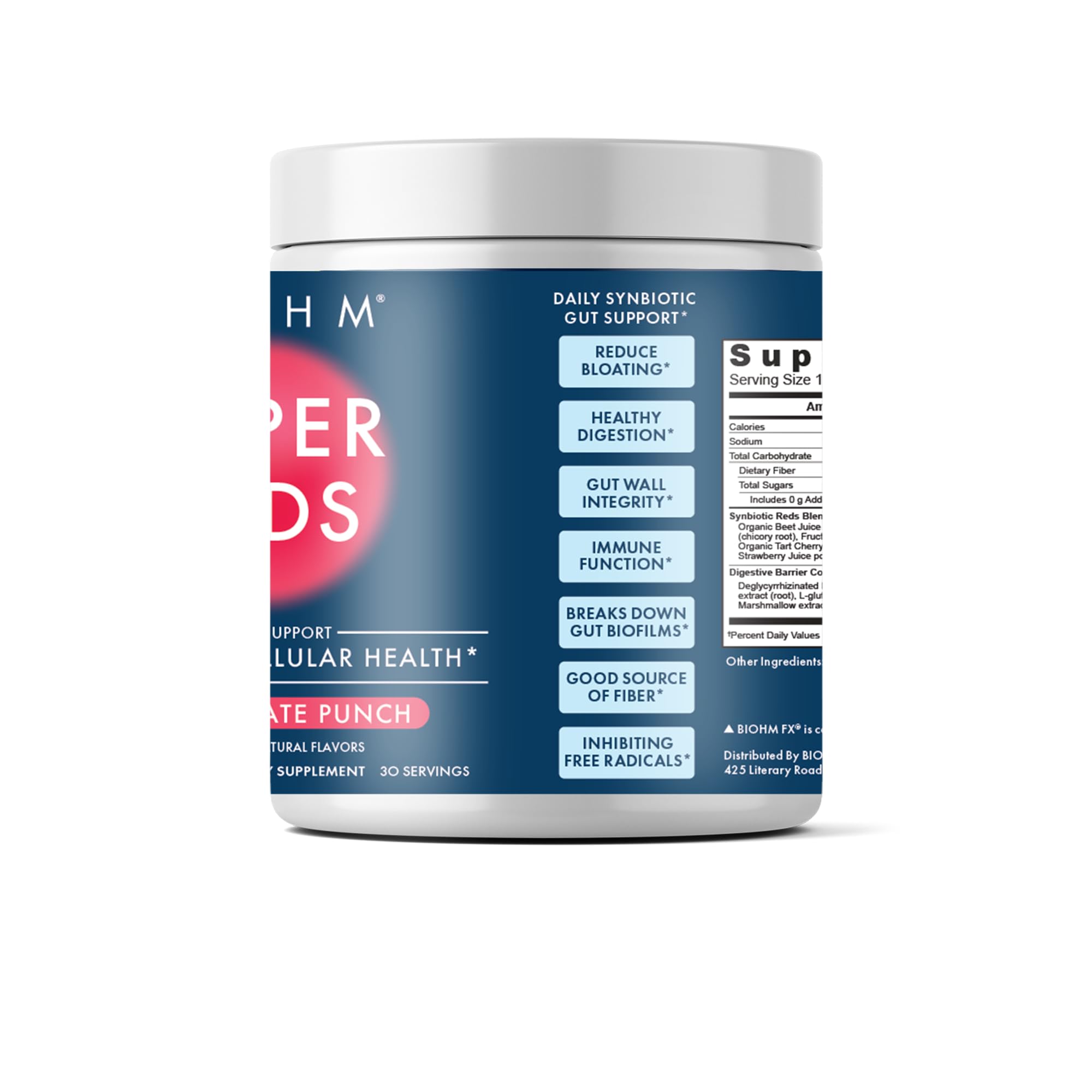 BIOHM Super Reds Powder 308g ingredient list on packaging