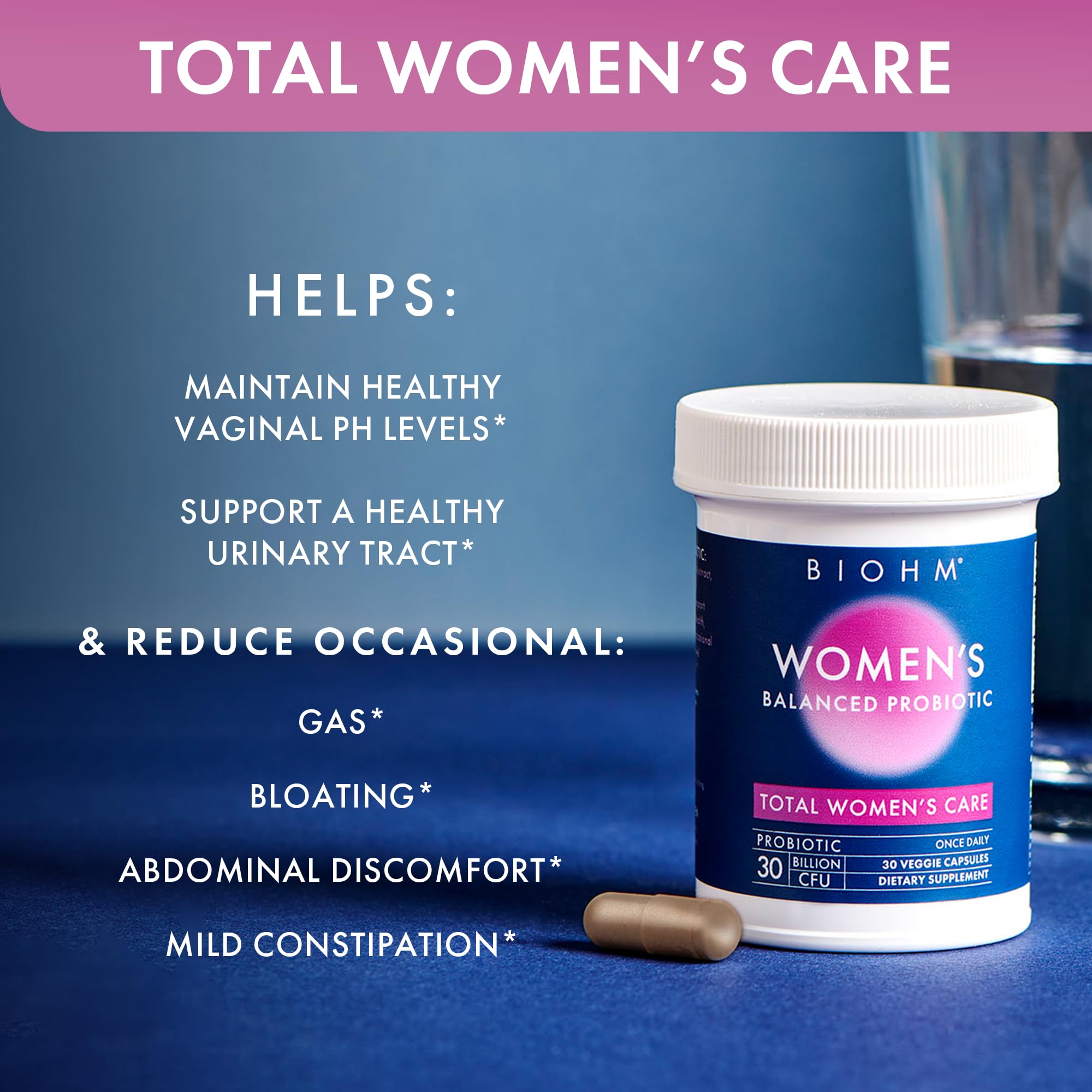 BIOHM Women's Balanced Probiotic Supplement on a wooden table